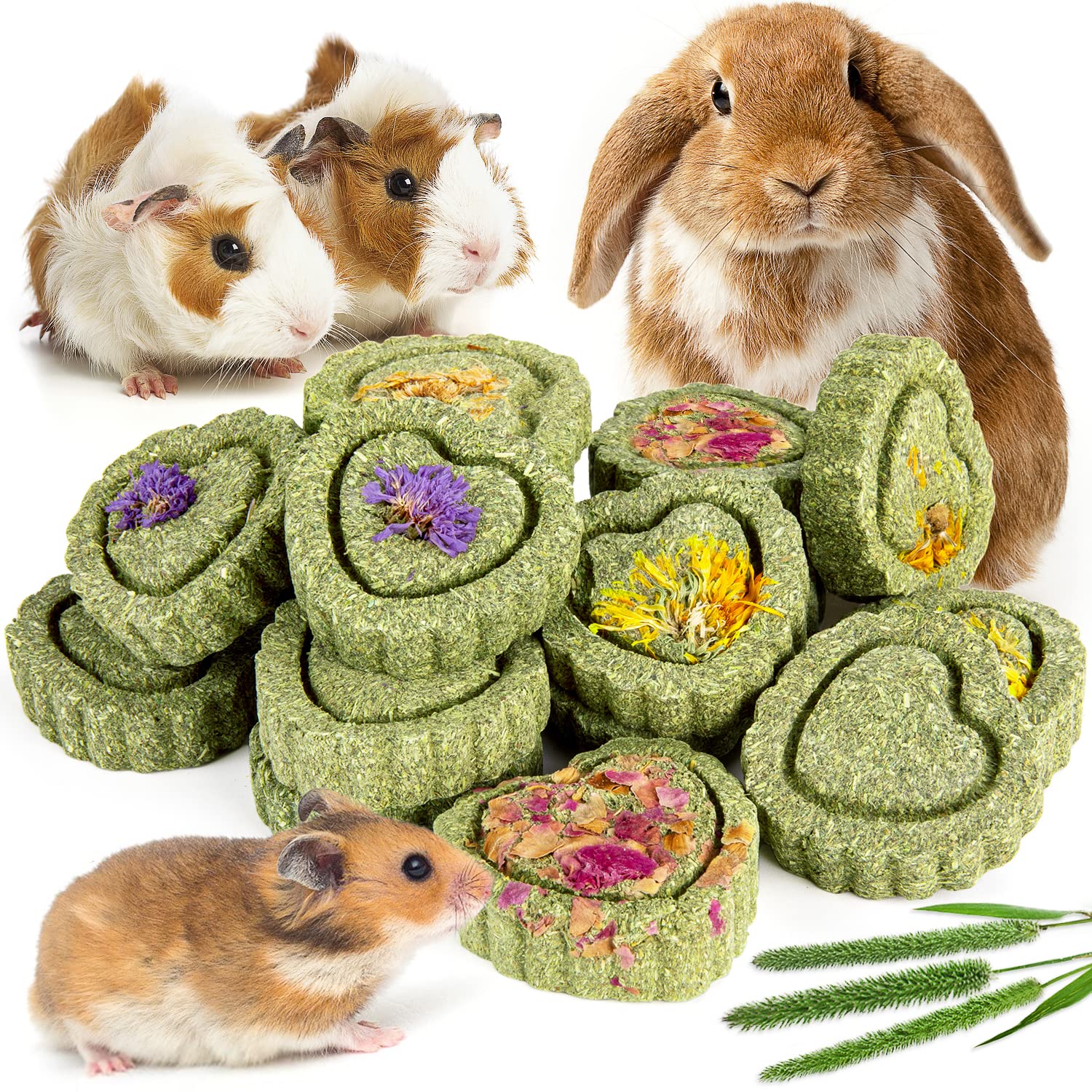 Sofier 12Pcs Timothy Hay Treats - Natural Chews for Teeth - Handmade Rabbit, Chinchilla, Gerbil, Rat, Hamster Toys - Bunny & Gui