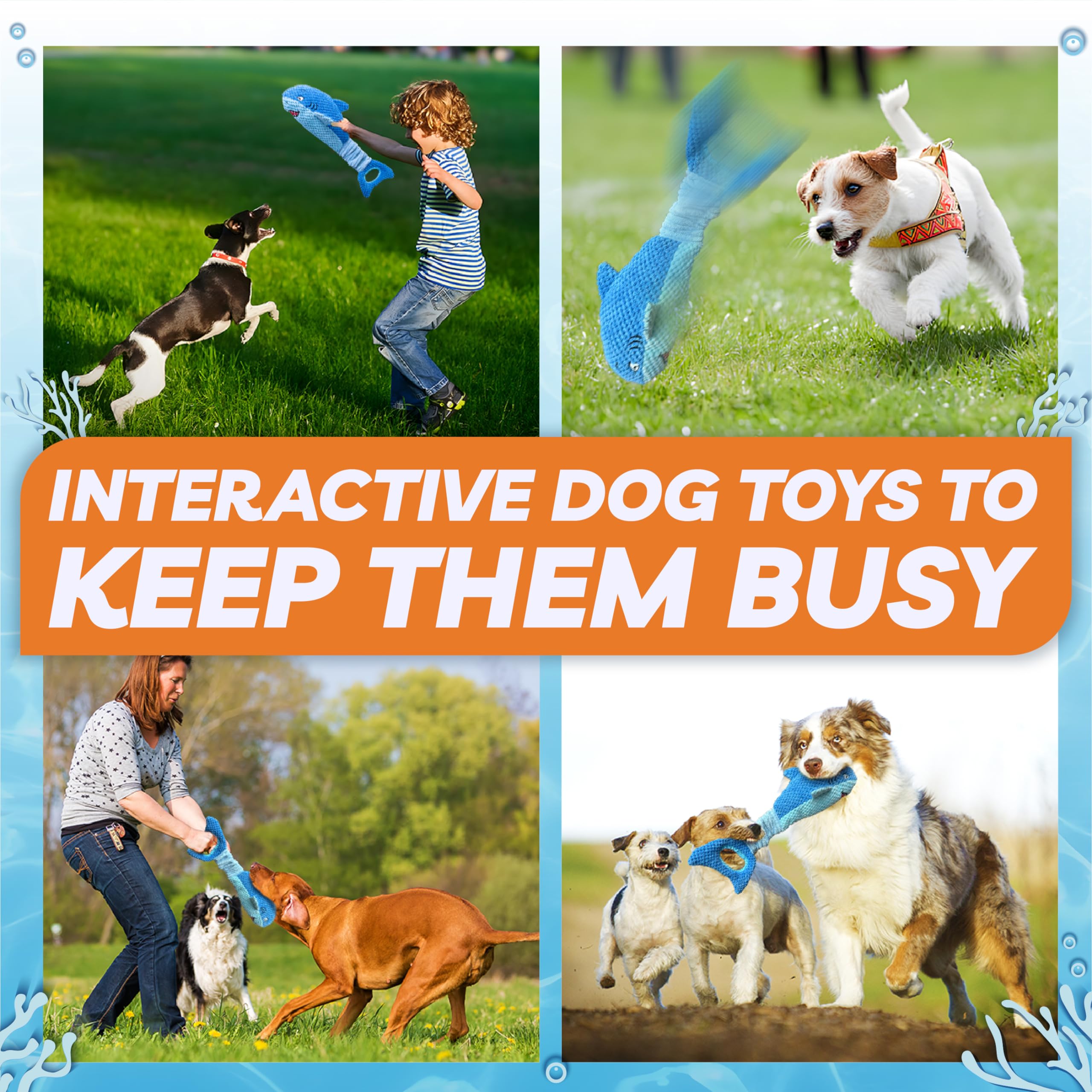 LEGEND SANDY Interactive Squeaky Dog Toy for Aggressive Chewers, Large Crinkle Tug Toy, Blue Shark, Polyester Material