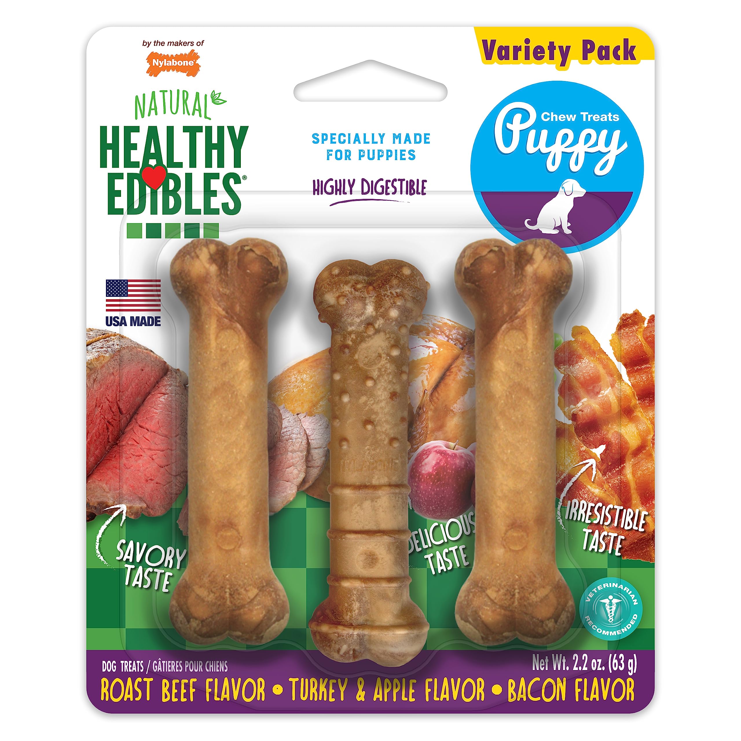 Nylabone Healthy Edibles Natural Puppy Chews Long Lasting Treats for Puppies, Roast Beef, Apple & Bacon Flavor, X-Small/Petite (