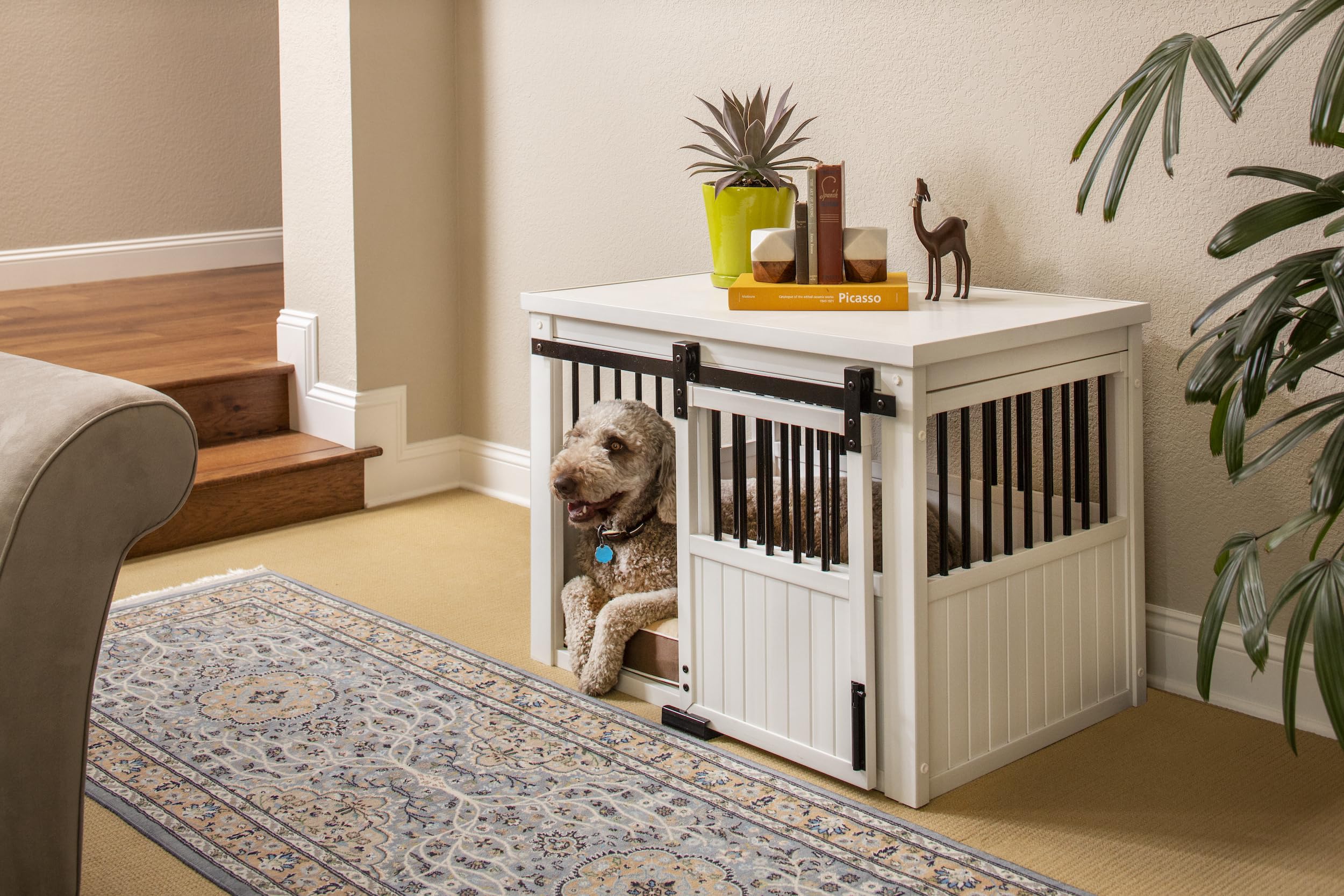 New Age Pet ECOFLEX Homestead Sliding Barn Door Furniture Style Dog Crate - Antique White, Large (EHDBC15-04L) - Stylish, Durabl