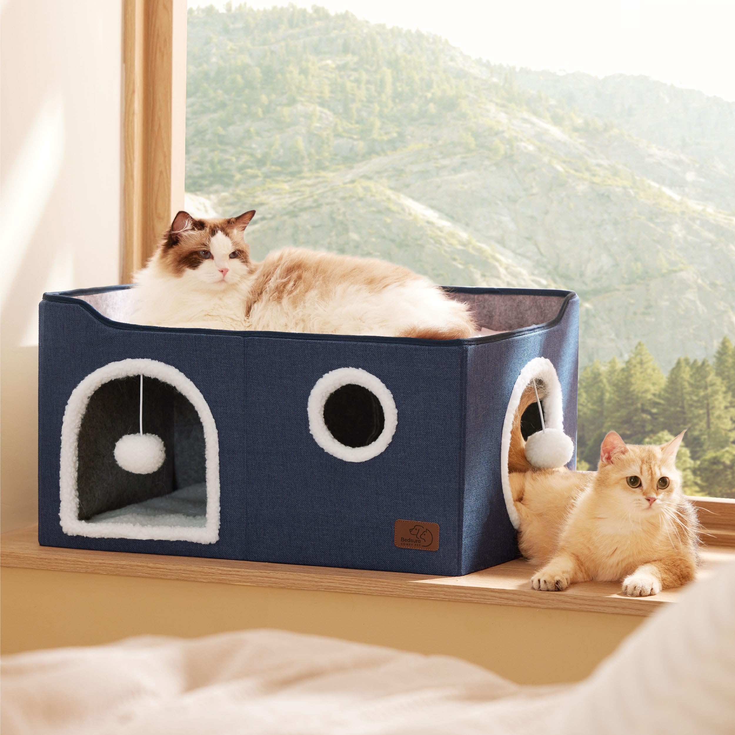 Bedsure Extra-Wide Cat House For Indoor Cats - Large Cat Cave For Pet Cat House With Fluffy Ball Hanging And Scratch Pad, Foldable Cat Hideaway For Multi Cats, 23.6X16.9X13 Inches, Blue