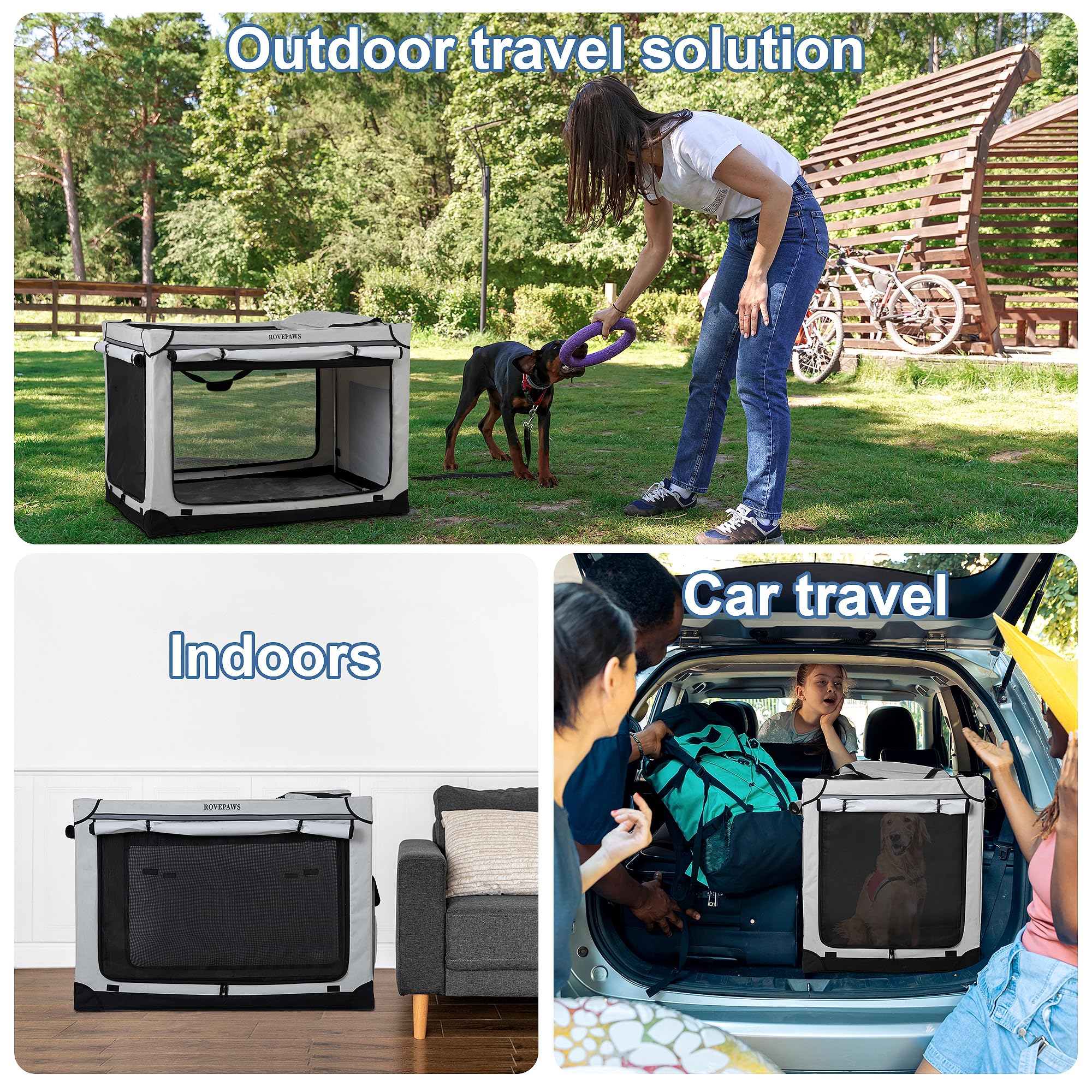Rovepaws Soft Collapsible Dog Crate - 36 Inch Portable Travel Crate With Extra Space Indoor & Outdoor, 4-Door Foldable Pet Kenne