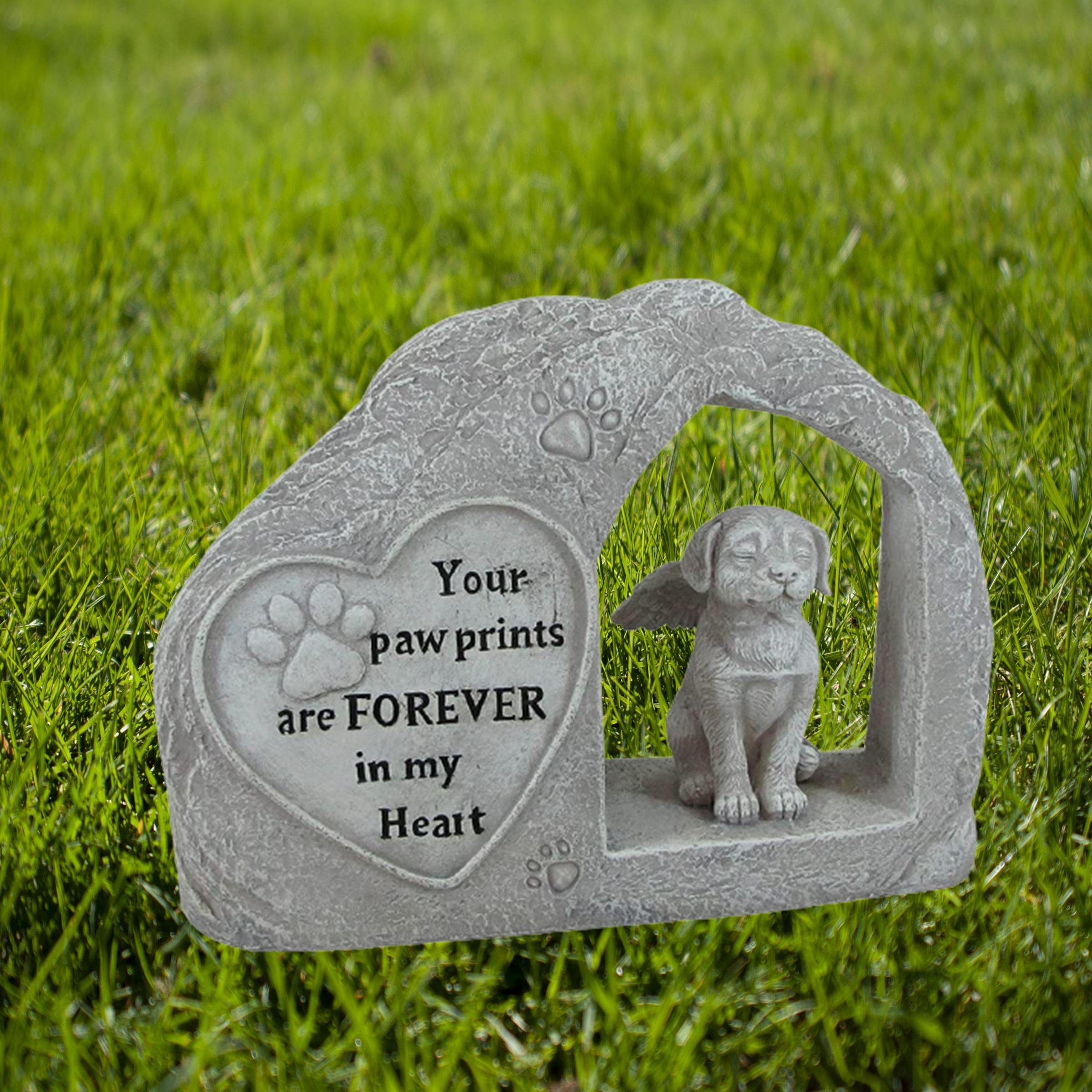 Comfy Hour Loving Memory Collection 7' Height Polyresin Memorial Dog Angel Pet Statue (Your Paw Prints Are Forever In My Heart), Handmade Light Gray, Stone Looking, For Your Home Or Garden