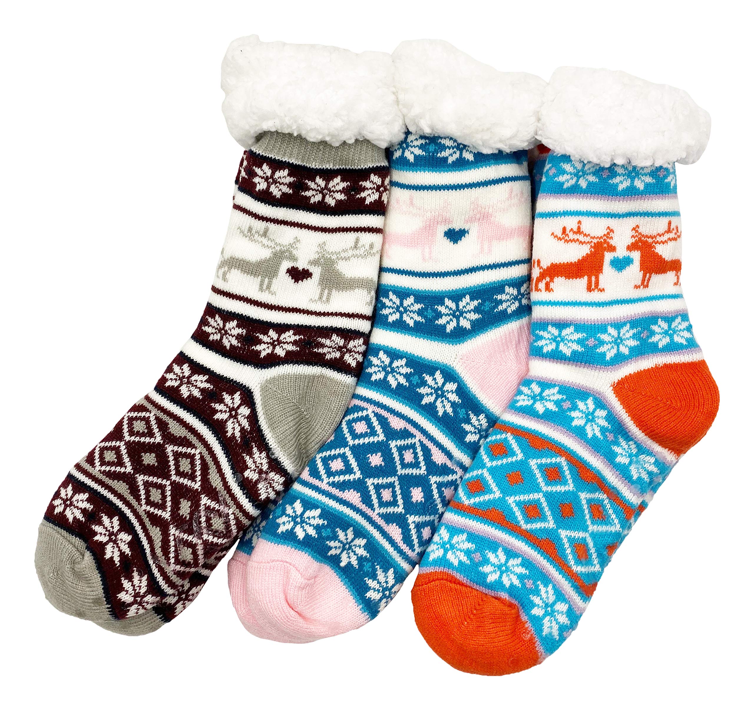 Fluffy Thermal Sherpa Socks, 3 Pairs for Women, Ultra Soft Slipper christmas Winter Non Skid (Fair Isle c)