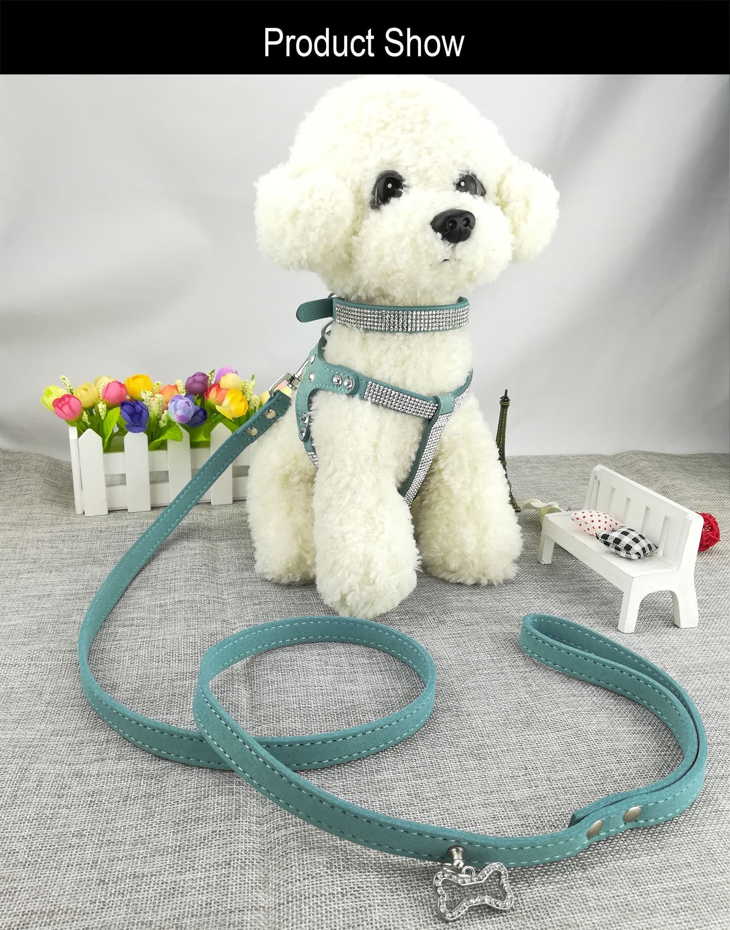 Newtensina Dog Collar & Harness & Lead Sets Fashion Dog Collar Diamante With Harness & Leashes Comfortable Soft Collar Harness And Leashes Set For Dog - Blue - S