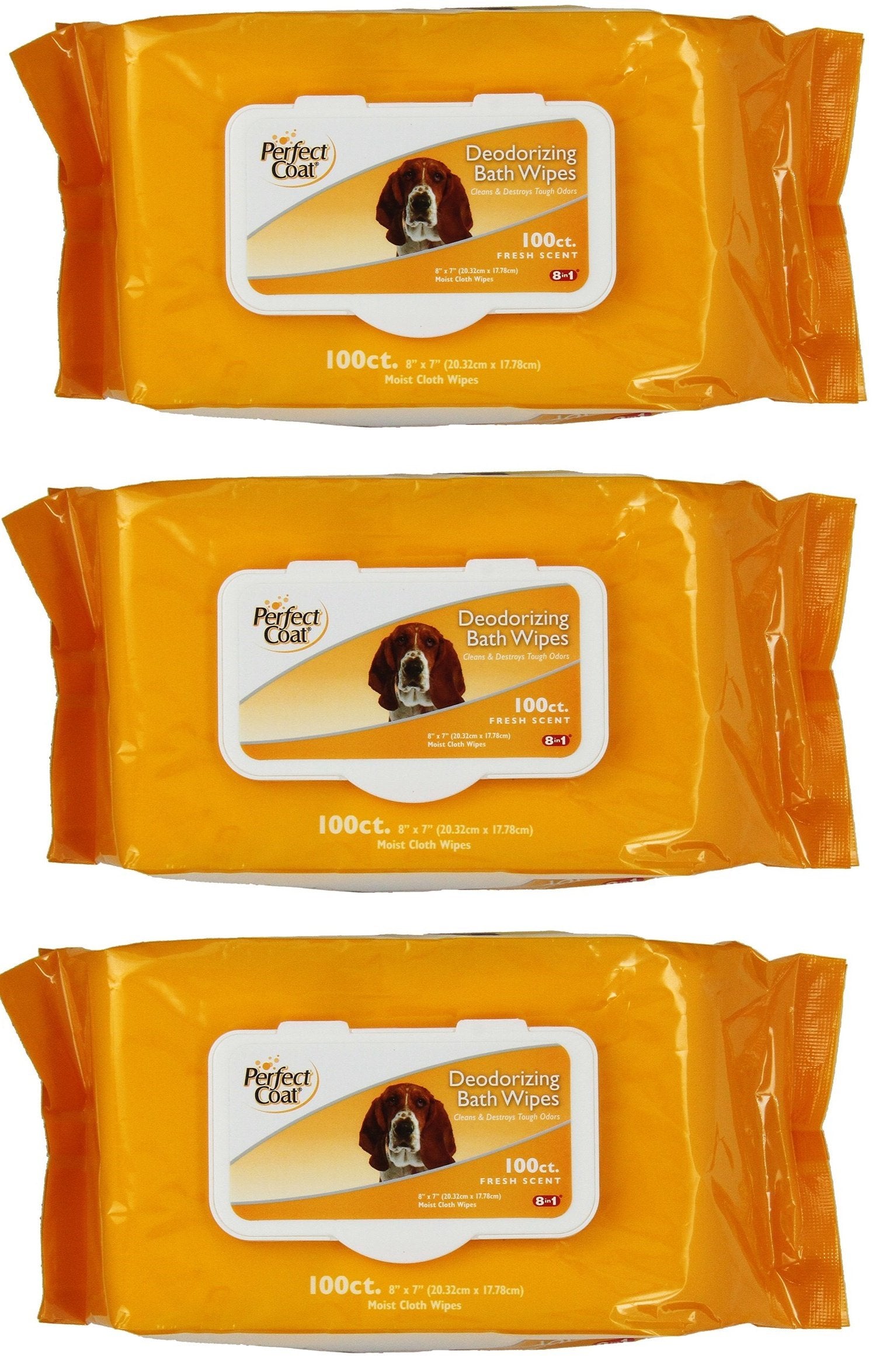 8in1 Perfect Coat Deodorizing Bath Wipes for Dogs, 300 Total (3 Packs with 100 Wipes per Pack)