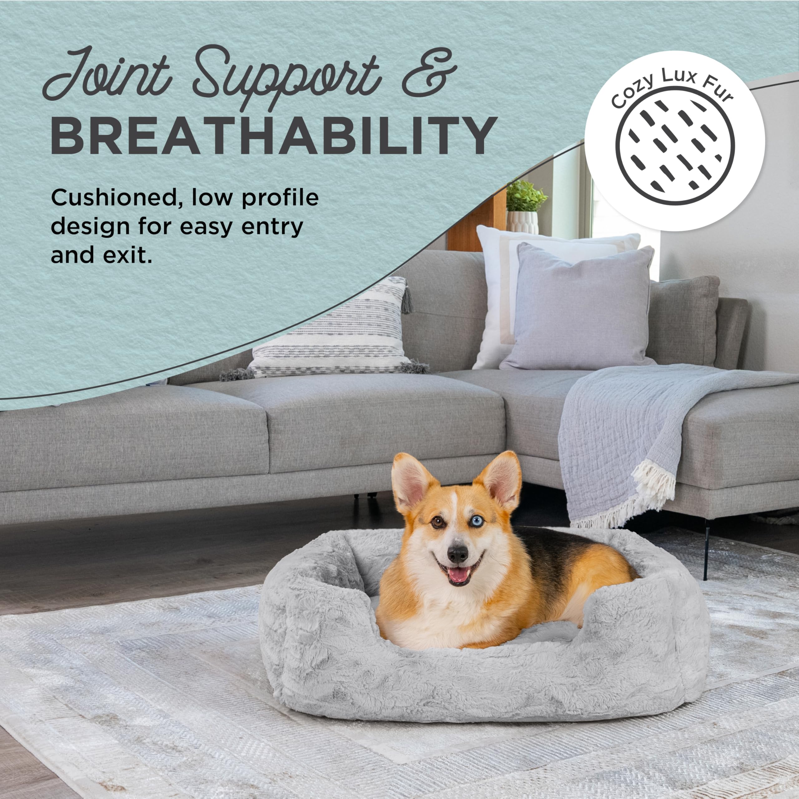 Best Friends by Sheri Lux Lounge Bed, Medium Calming Faux Fur Dog Bed, 30" x 20", Gray, Model 70756