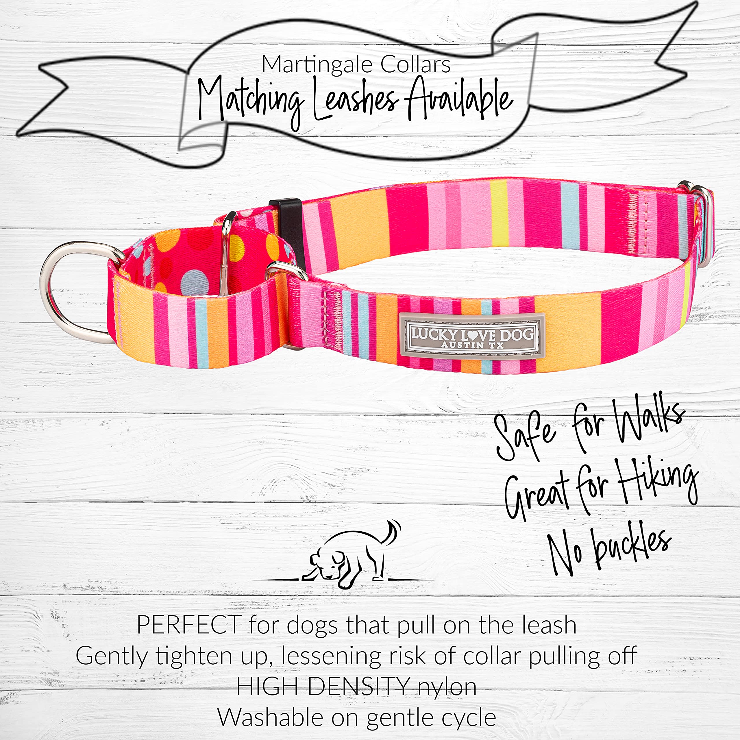 Lucky Love Dog, Colorful Stripes Martingale Dog Collar, Yellow, Pink, Blue Color No Slip Dog Collar - (Large, Molly Martingale)