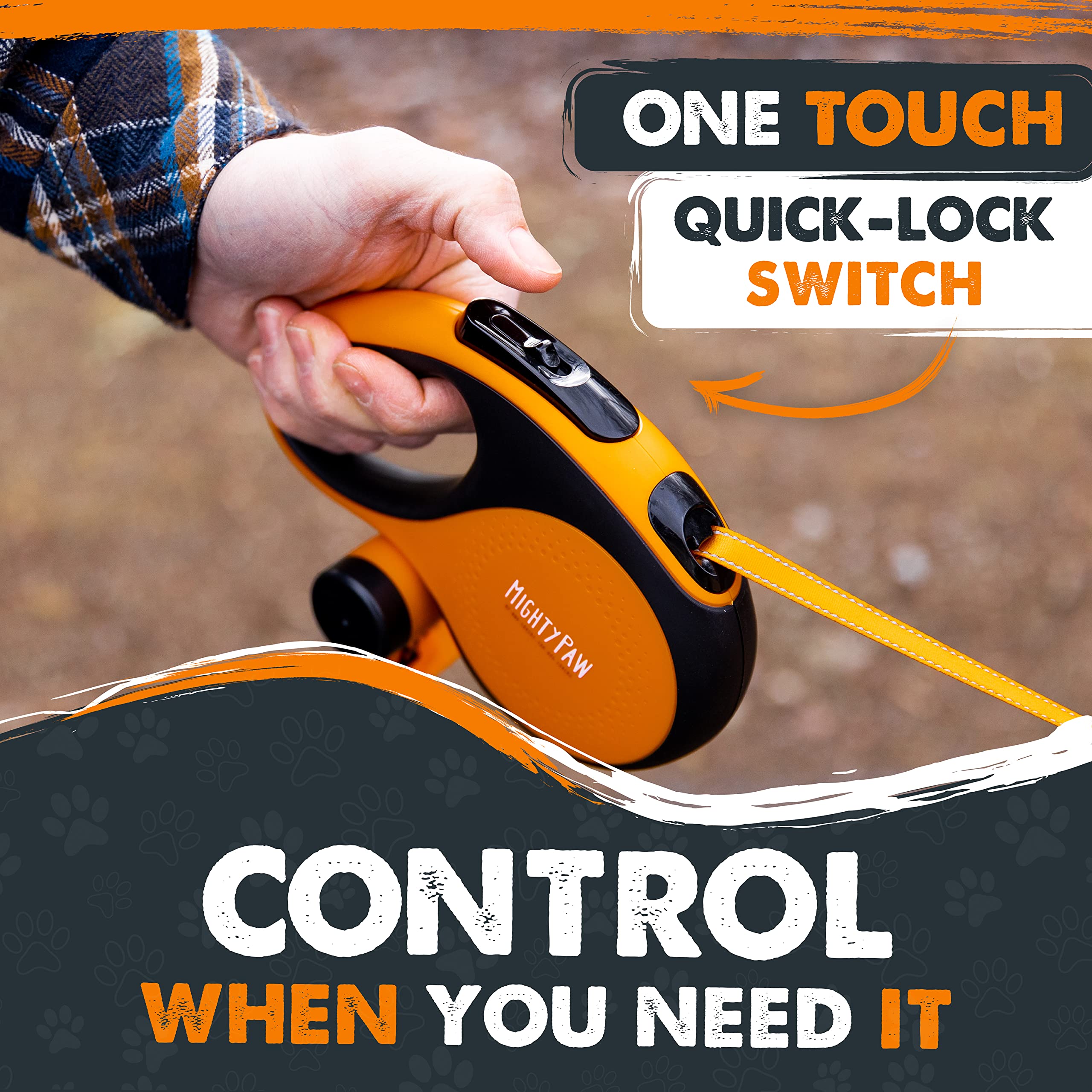 Mighty Paw Retractable Dog Leash with Poop Bag Holder, 16' for 0-50 lbs, Deluxe Orange, Stainless Steel