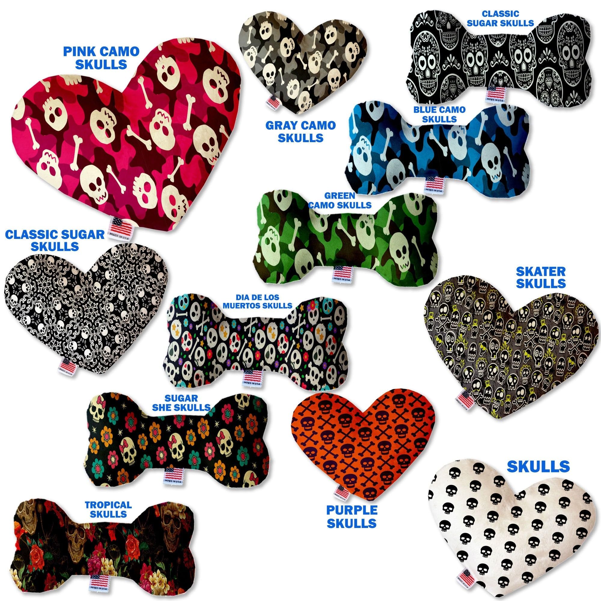 Pet and Dog Plush Heart or Bone Toy, "Skulls Group" (Available in different sizes, and 12 different pattern options!) Green Camo Skulls 6" Plush Heart