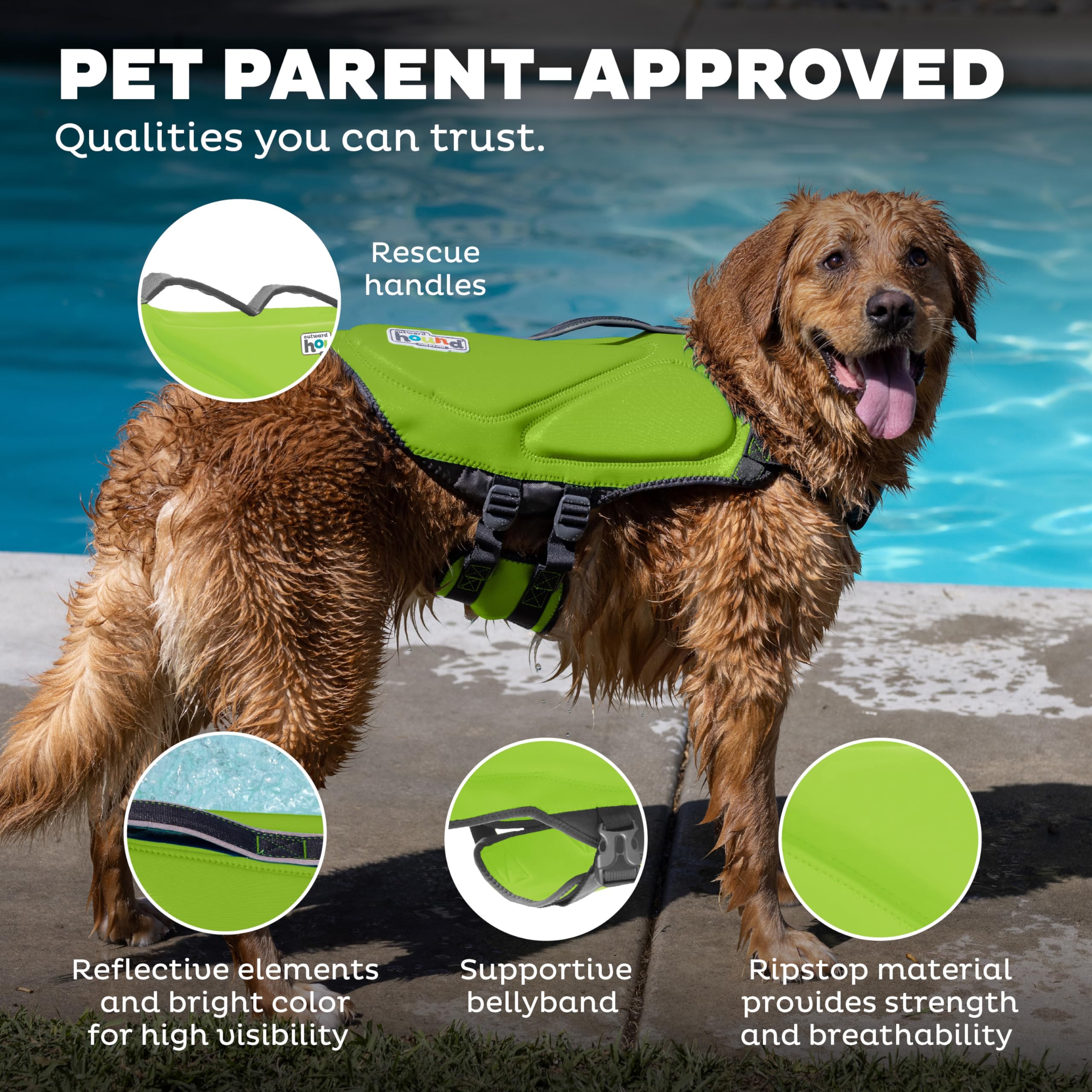 Outward Hound Dawson Swim Dog Life Jacket, Green, Large