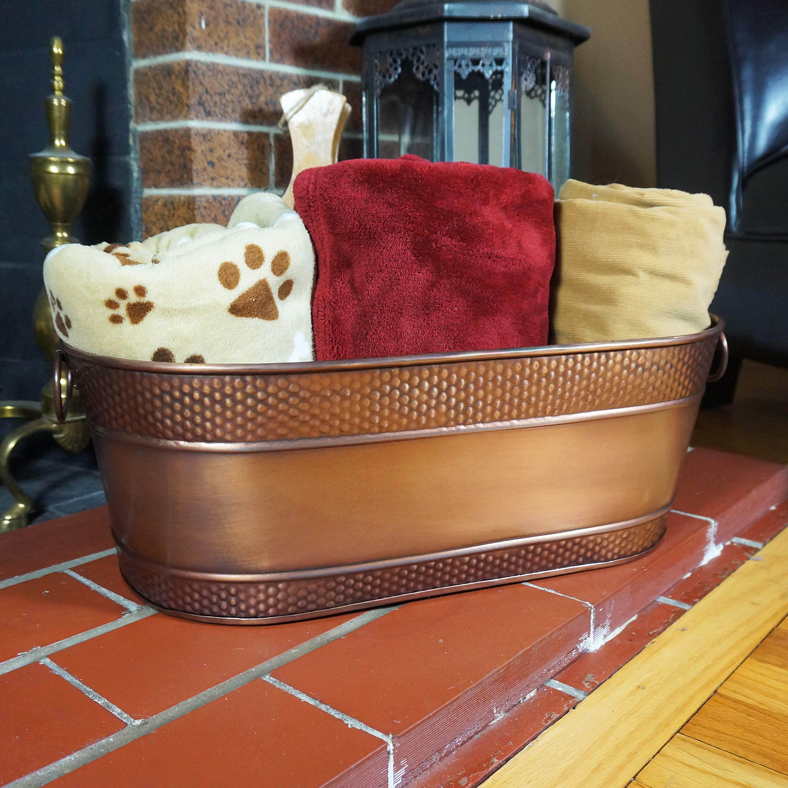 BREKX Metal Dog Toy Bin - Galvanized Organizer Basket, 15 Quart, Copper, Pawprint Design, Ideal for Pet Toys and Home Decor