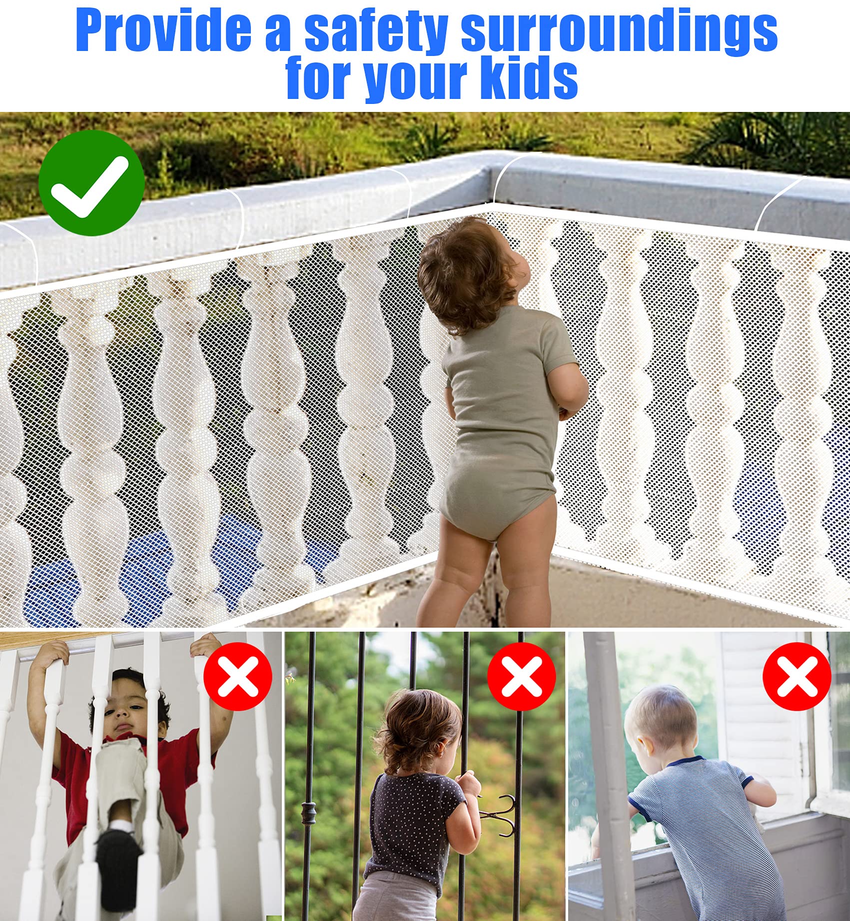 Jiftok Baby Gate For Stairs, Banister Guard For Kids, Pets, Toys, 15Ft L X 2.66 Ft H, Mesh Netting Safety Net For Balcony Rail Stair, Stairway Net Baby Safety Products For Indoor & Outdoor (White)