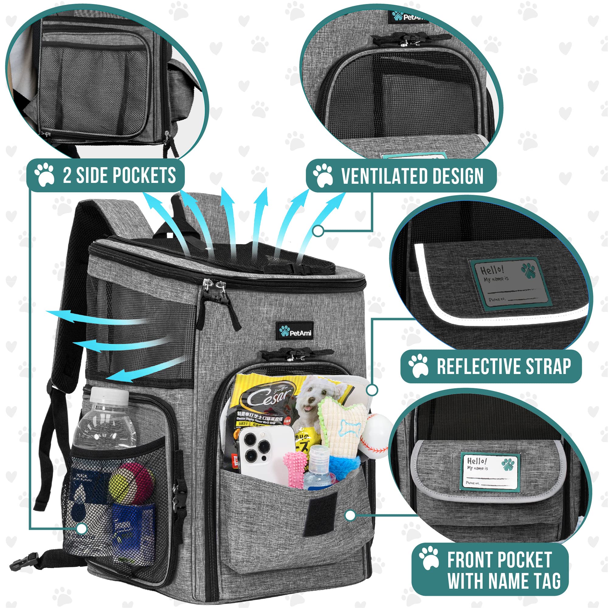 Petami Dog Backpack Carrier, Airline Approved Cat Backpacks For Carrying Small Large Cats, Pet Carrier Back Pack, Ventilated Soft Sided For Travel, Hiking, Camping, Max 18 Lbs, Heather Gray