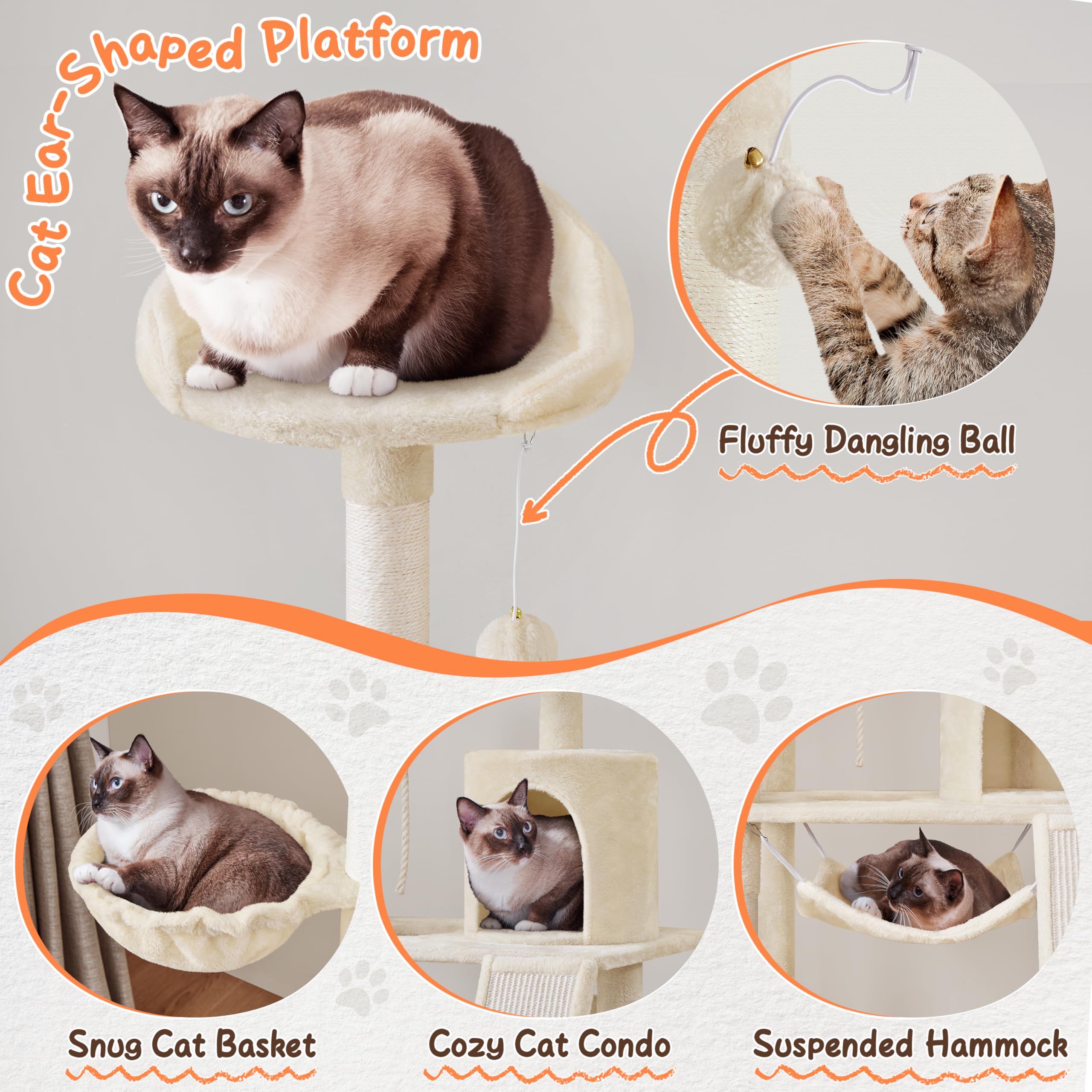 Yaheetech Extra Large Cat Tree Condo 63.5in Beige Plush & Sisal with Scratching Post & Hammock, Model YT-00093597-63