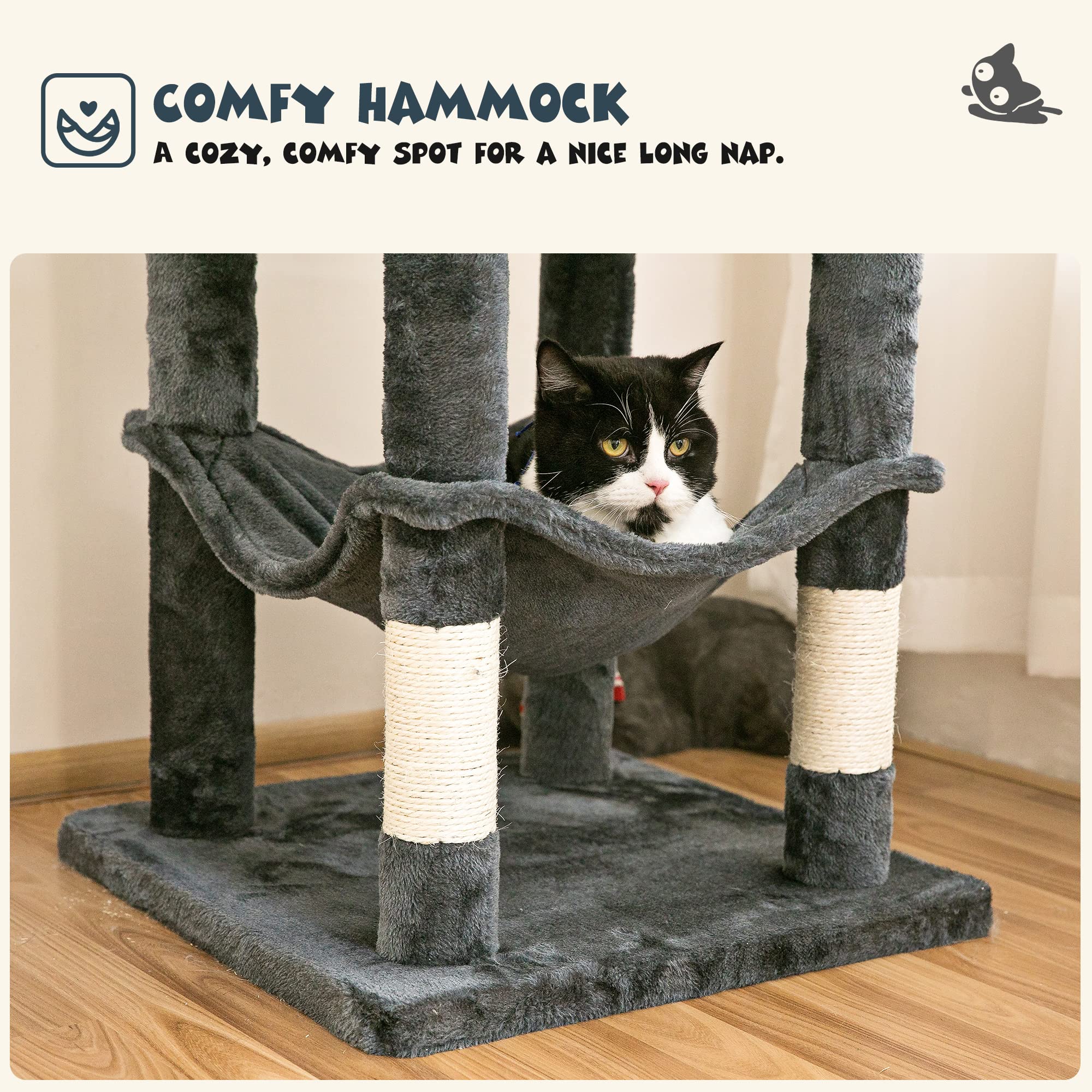Mwpo 63.8 Inches Multi-Level Cat Tree For Large Cats With Sisal-Covered Scratching Posts, Padded Platform, Hammock And Condo,Stable Cat Tower Cat Condo Pet Play House-Smoky Gray