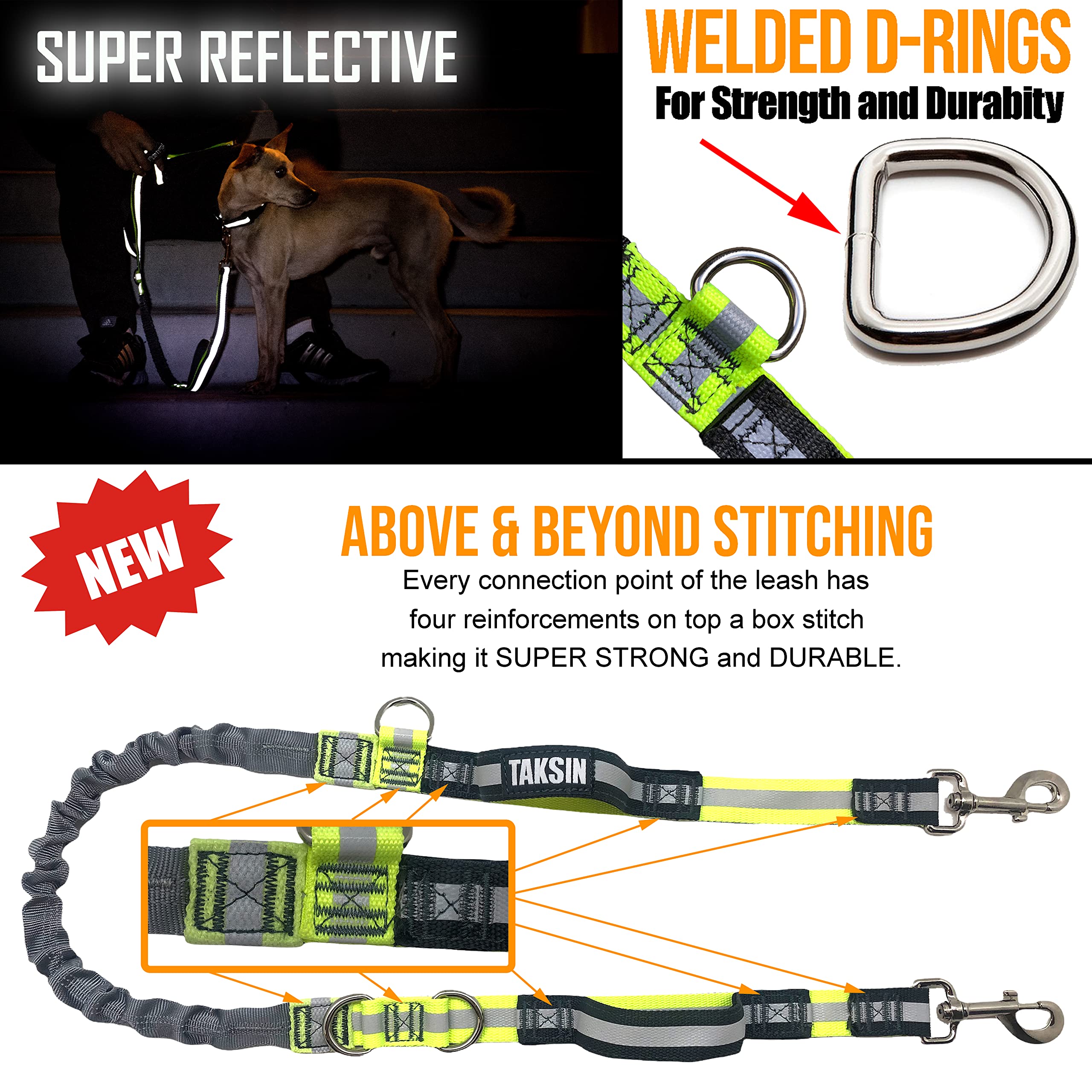 TAKSIN Hands-Free Dog Leash System, Reflective Bungee, Treat Holder, Poop Bag Dispenser, Grey, One Dog