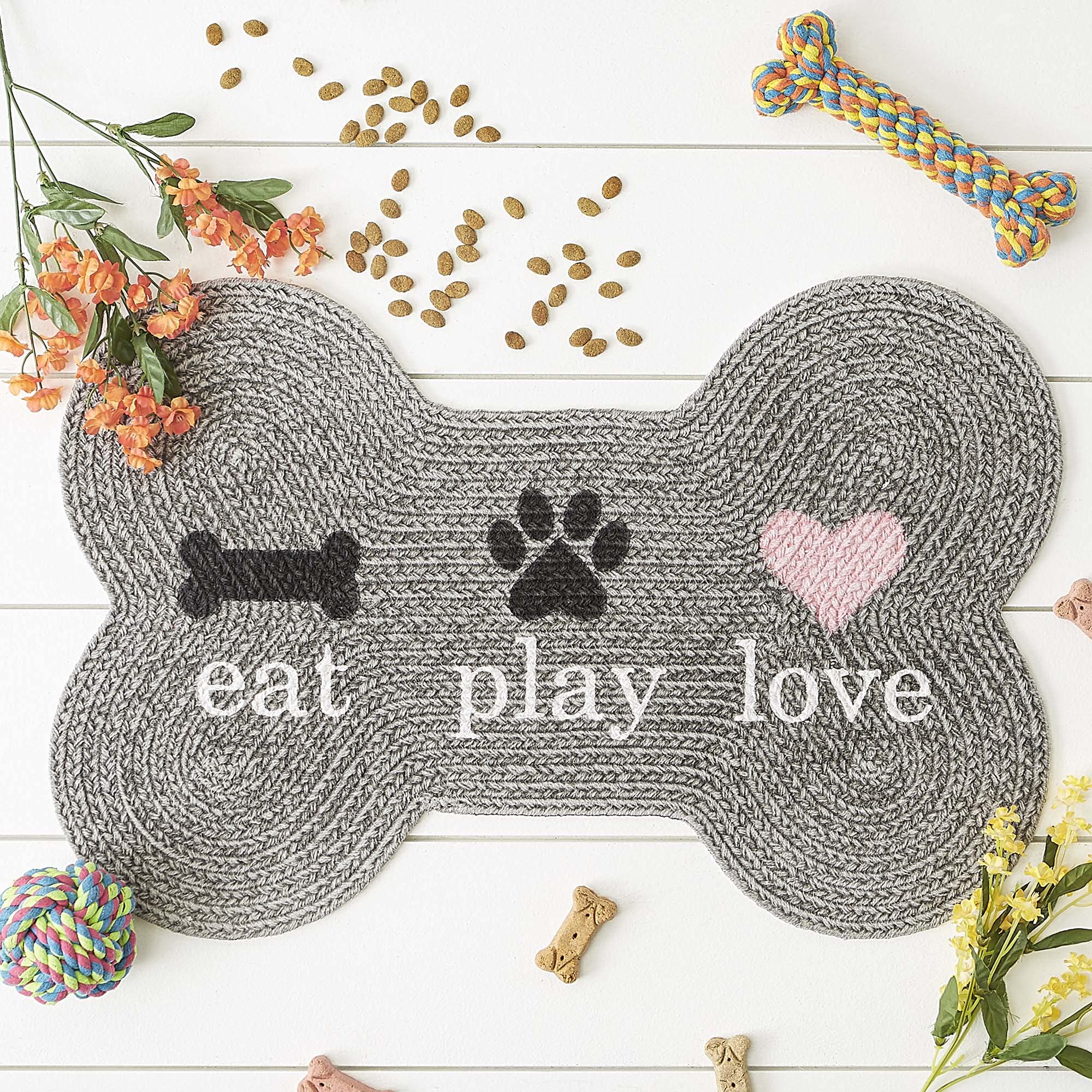Bone Dry DII Braided Pet Mat Collection 100% Cotton, Bone Shape, Gray Eat Play Love