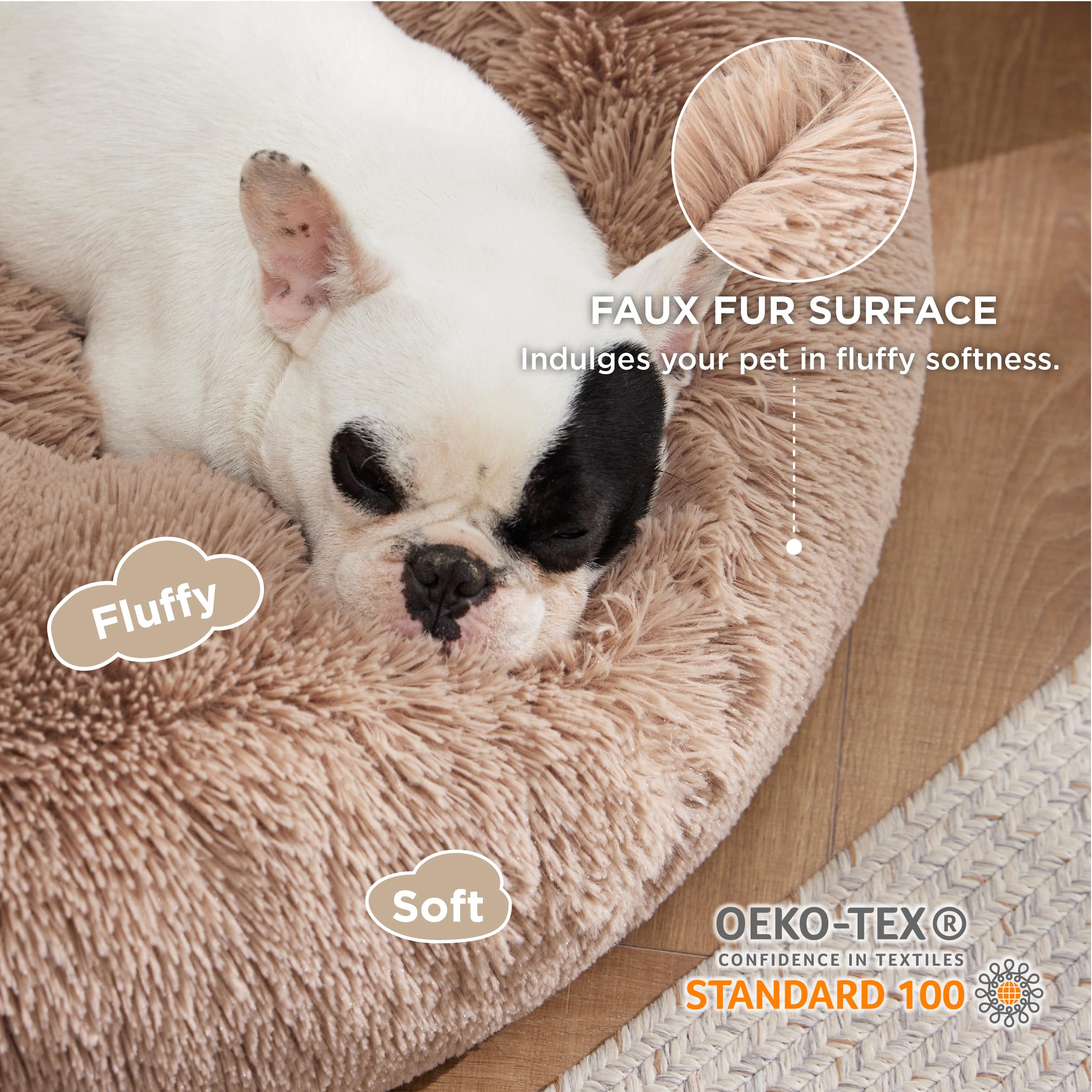 Bedsure Calming Medium Large Size Dogs - Donut Washable Large Pet Bed, 33 Inches Anti-Slip Round Fluffy Plush Faux Fur Dog Bed,