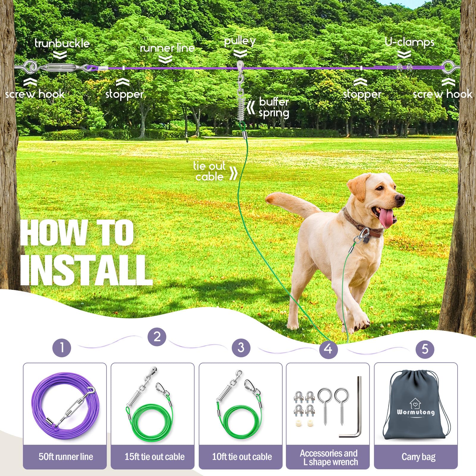 Upgraded Heavy Duty Dog Trolley System - 50Ft Lead With 10Ft & 15Ft Tie Out Cables For Large Dogs Up To 250Lbs - Ideal For Backy