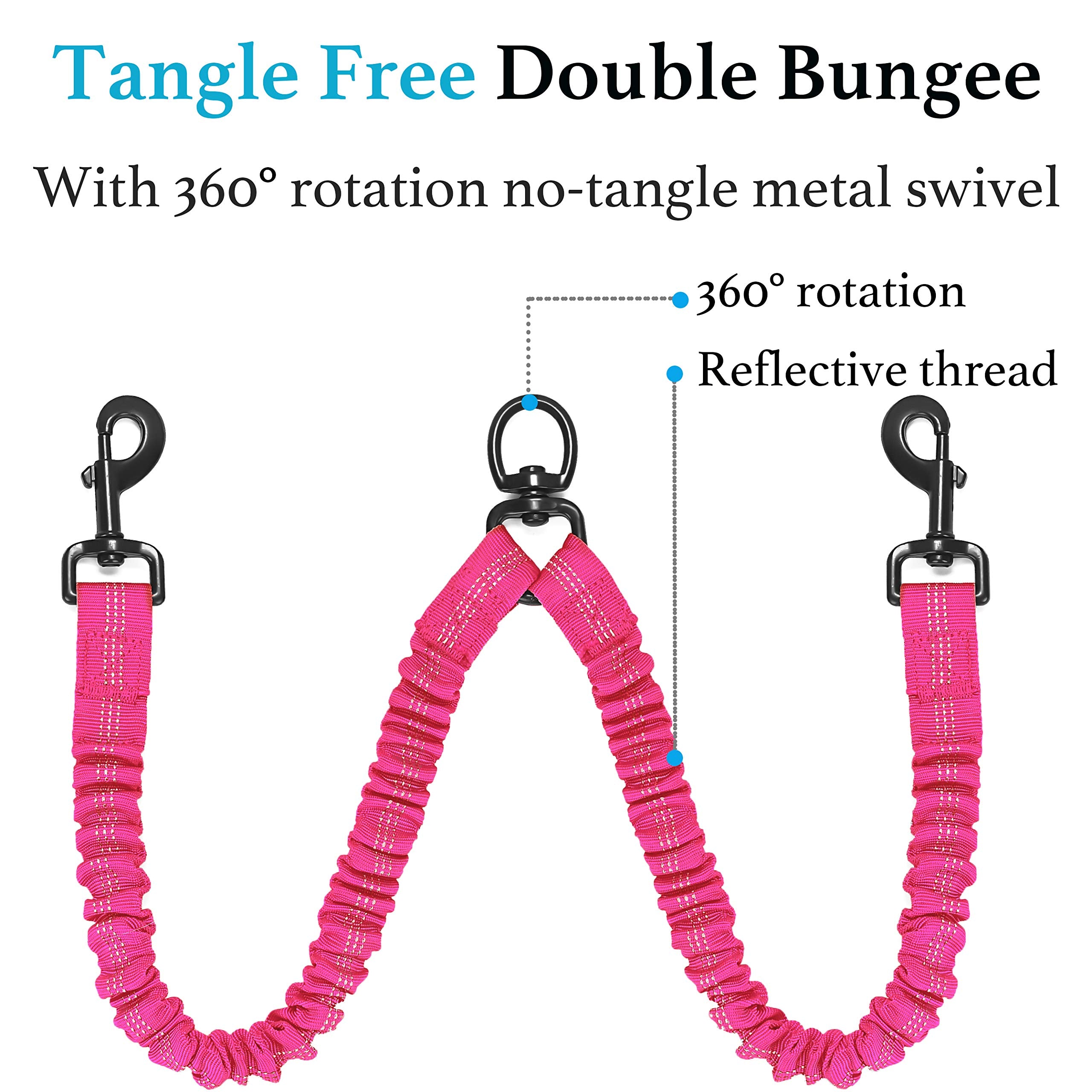 Iyoshop Dual Dog Leash, Double Dog Leash, 360 Swivel No Tangle Walking Leash, Shock Absorbing Bungee For Two Dogs, Pink, Large (25-150 Lbs)