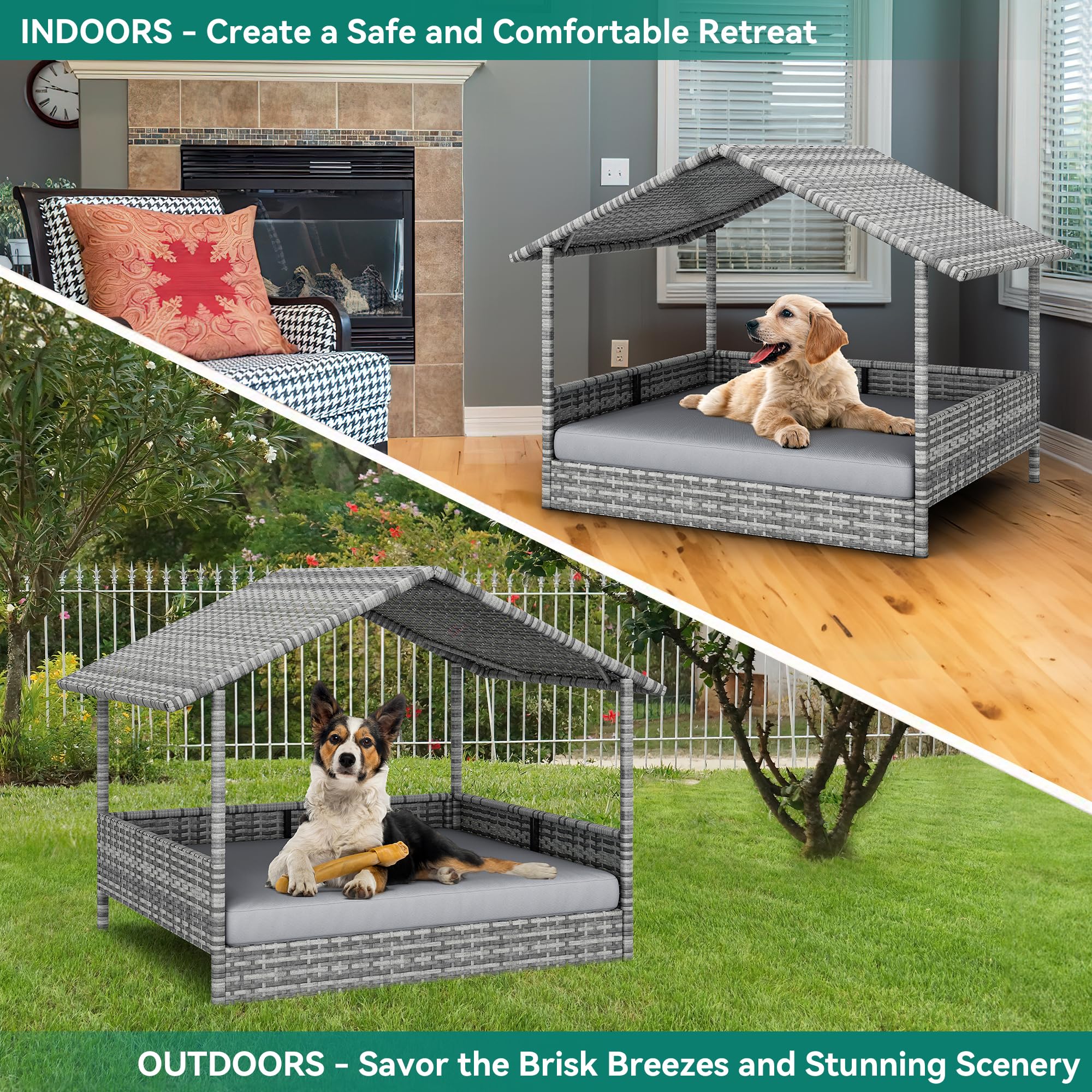 Yitahome Large Wicker Dog House With Cushion Outdoor Indoor Rattan Doghouse Elevated Raised Dog Bed With Canopy Water Resistant