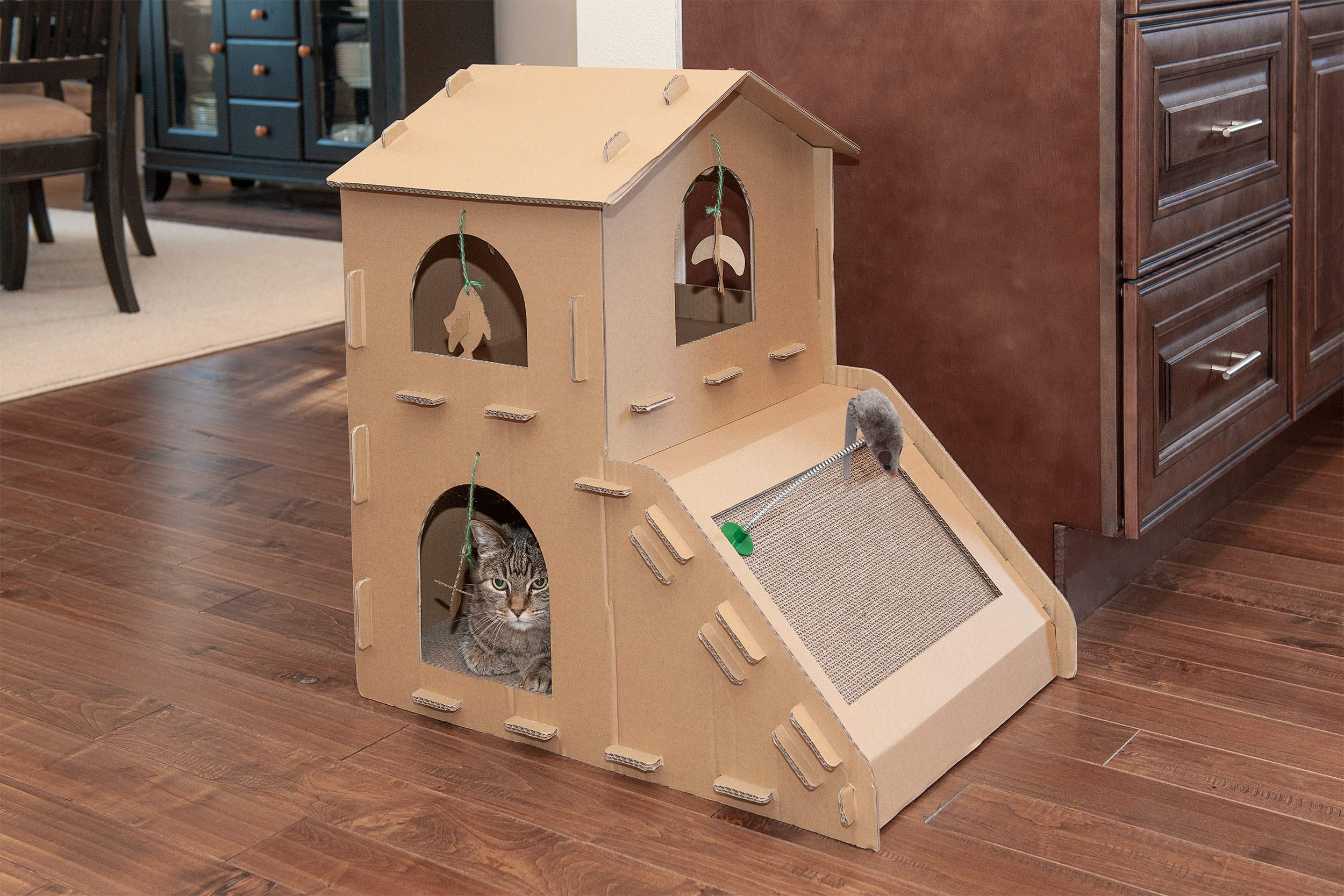Furhaven Multi-Level Cardboard Cat House W/ Catnip For Indoor Cats, Ft. Scratching Pads & Toys - Townhouse Corrugated Cat Scratc