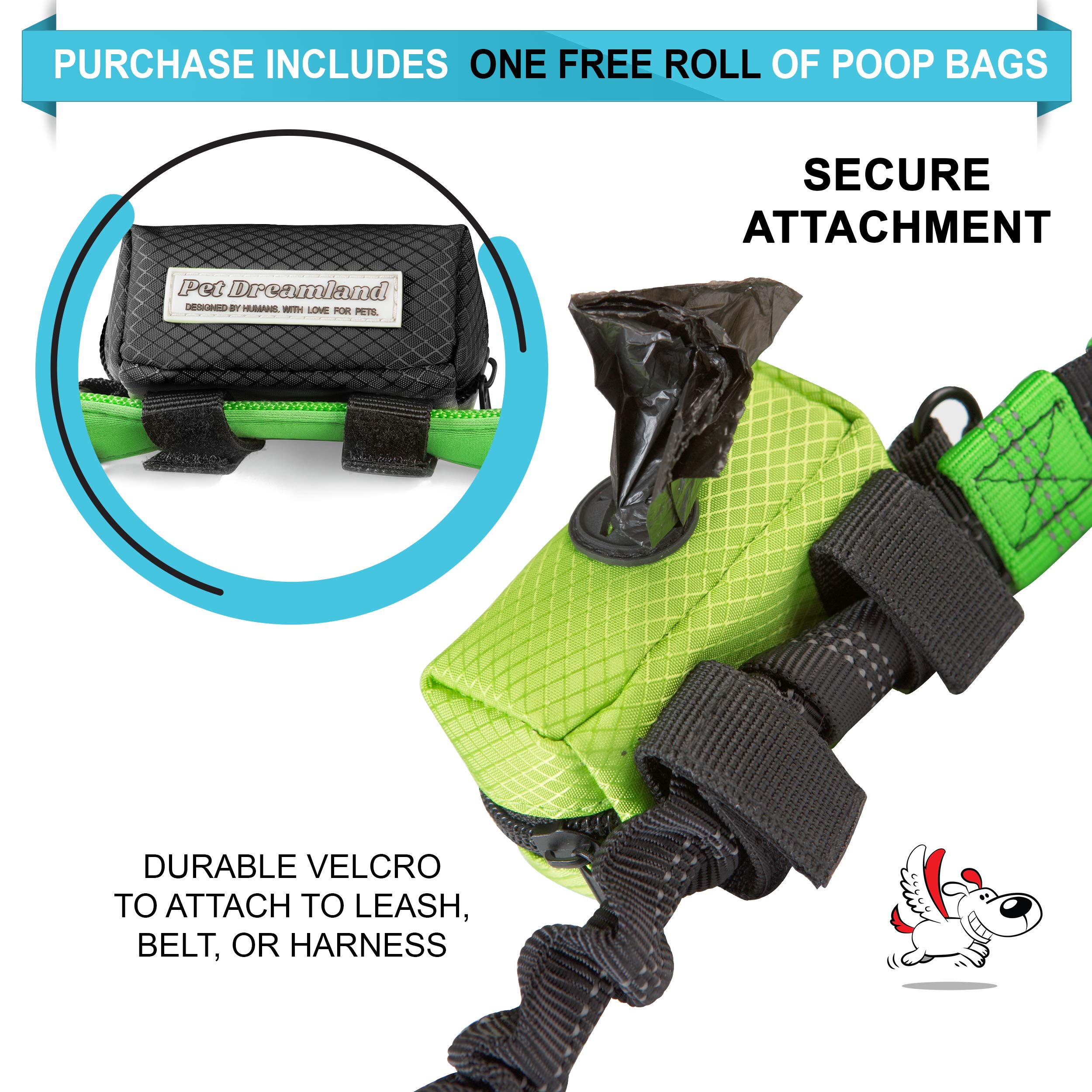 Pet Dreamland Dog Bag Dispenser - Pet Waste Bag Holder Leash Attachment - Includes One Free Roll Of Poop Bags - Zippered Pouch,
