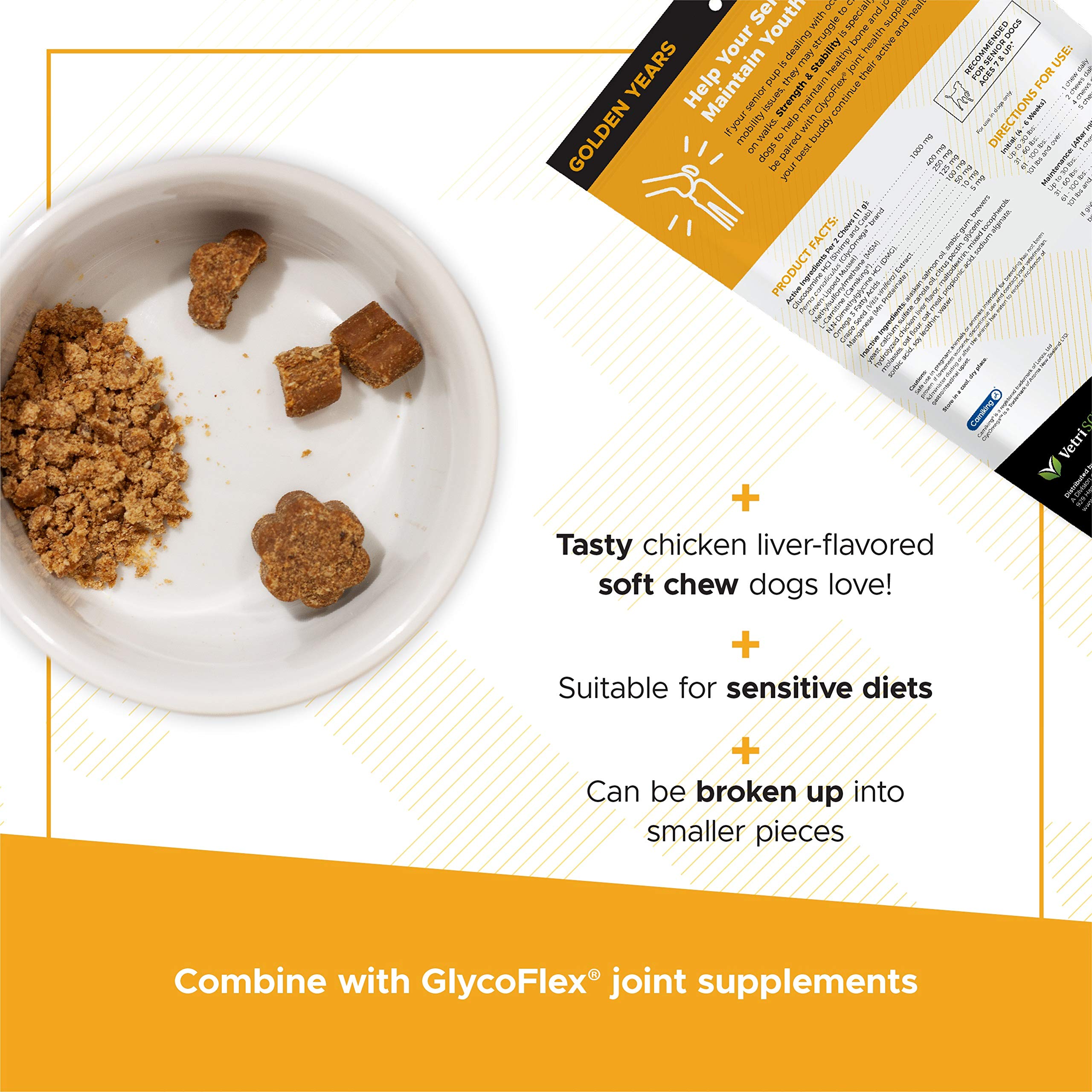 VetriScience Golden Years Strength and Stability Hip and Joint Chews for Senior Dogs, Chicken, 60 Chews - Limping, Mobility, Run