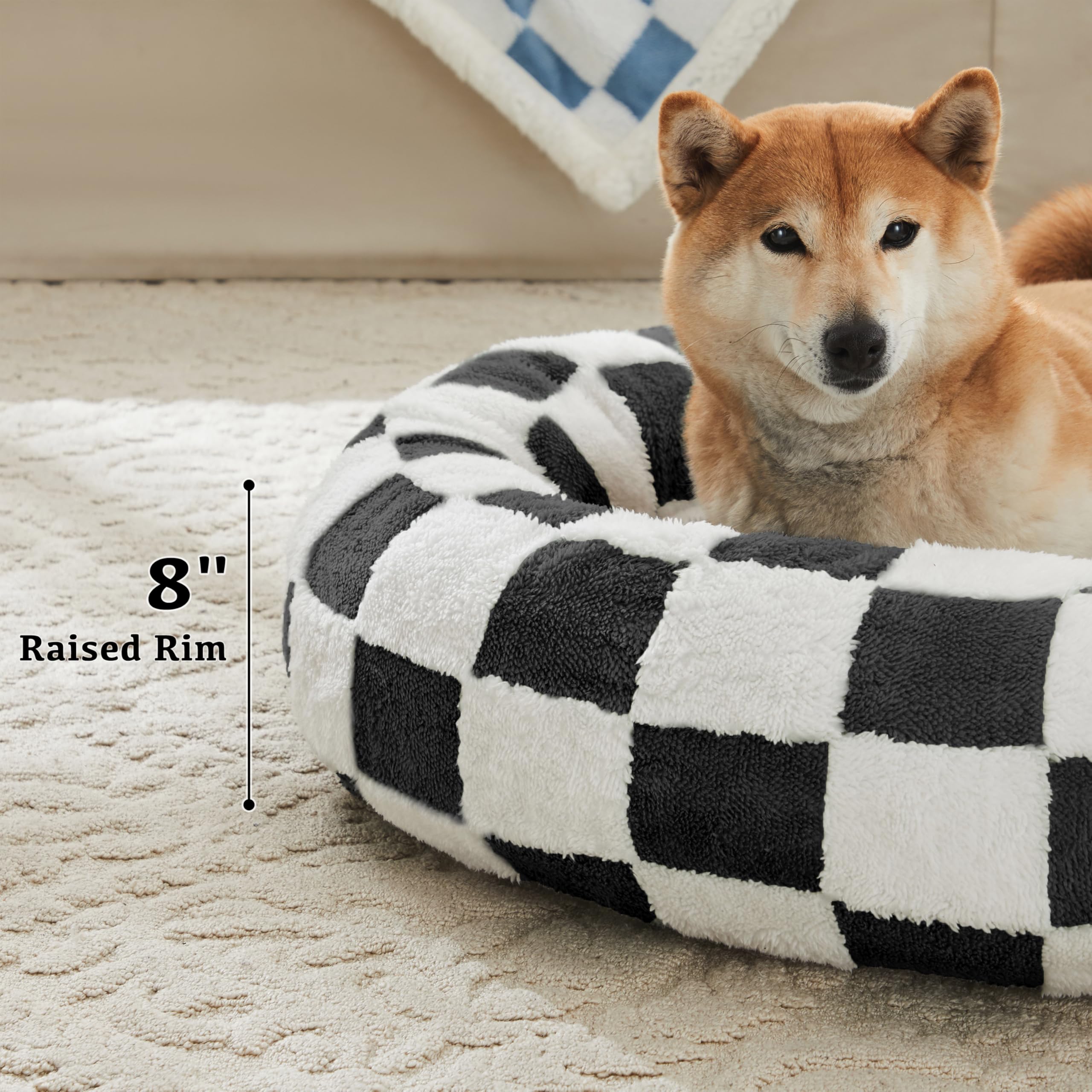 Ohocut Checkered Cat Dog Bed, Cute Black White Retro Style Aesthetic Round Warming Pet Calming Beds For Small Dog And Cats, Plus
