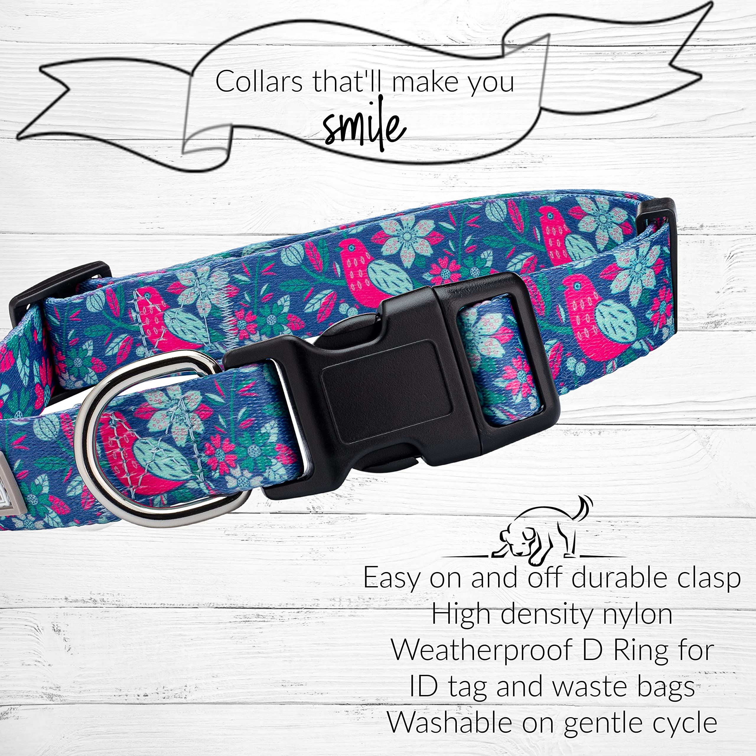 Lucky Love Dog, Whimsical Bird Dog Collar, Vivid Pink, Mint, Blue Flowers Medium Dog Collar, Adjustable Collars For Female Male