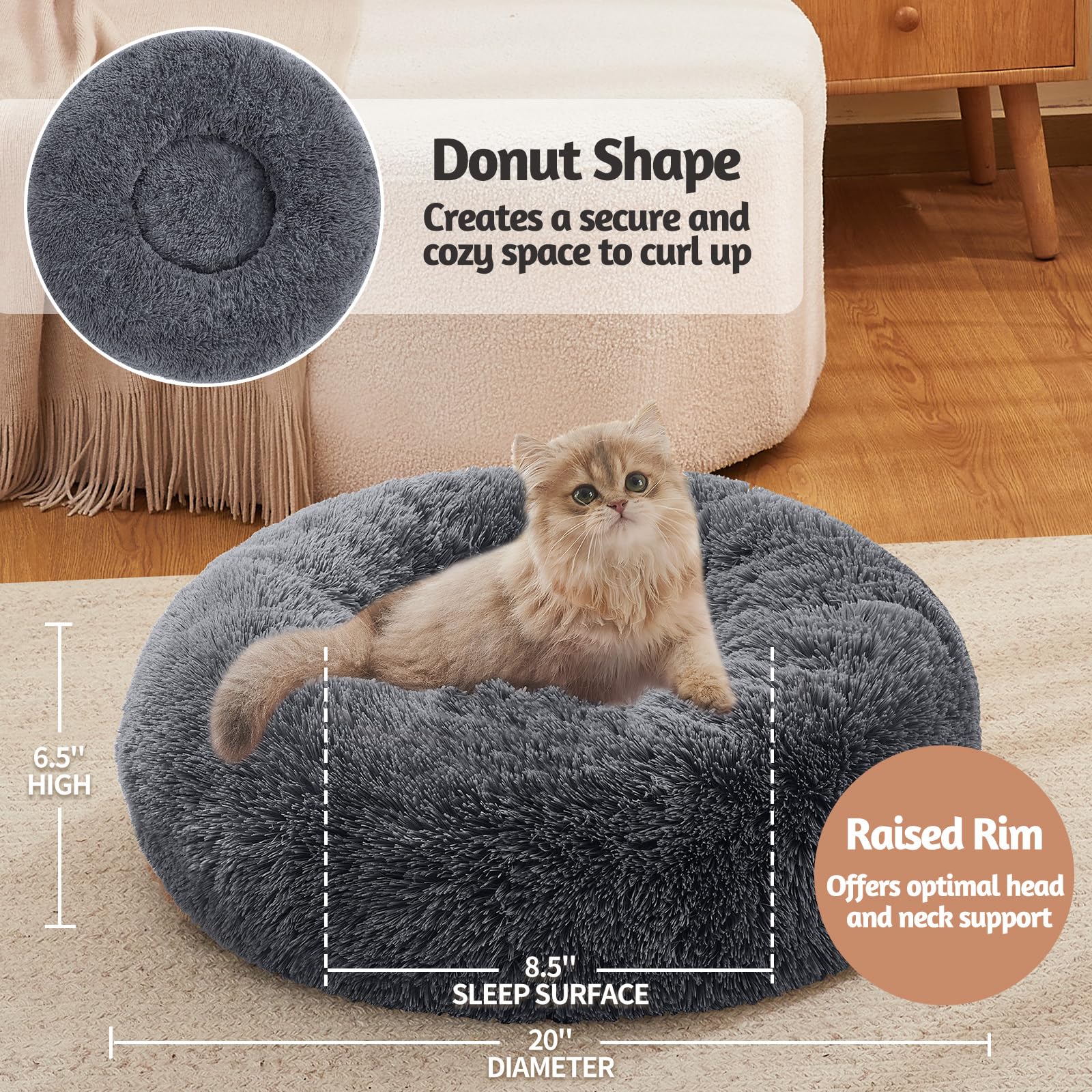 Ohgeni Calming Donut Cat Bed Pillow For Small Pets, Machine Washable Removable Cover, Comfort Plush Fluffy Faux Fur With Anti-Slip Bottom, Dogs-Friendly Round Cuddly Design, Gray, 20 Inches