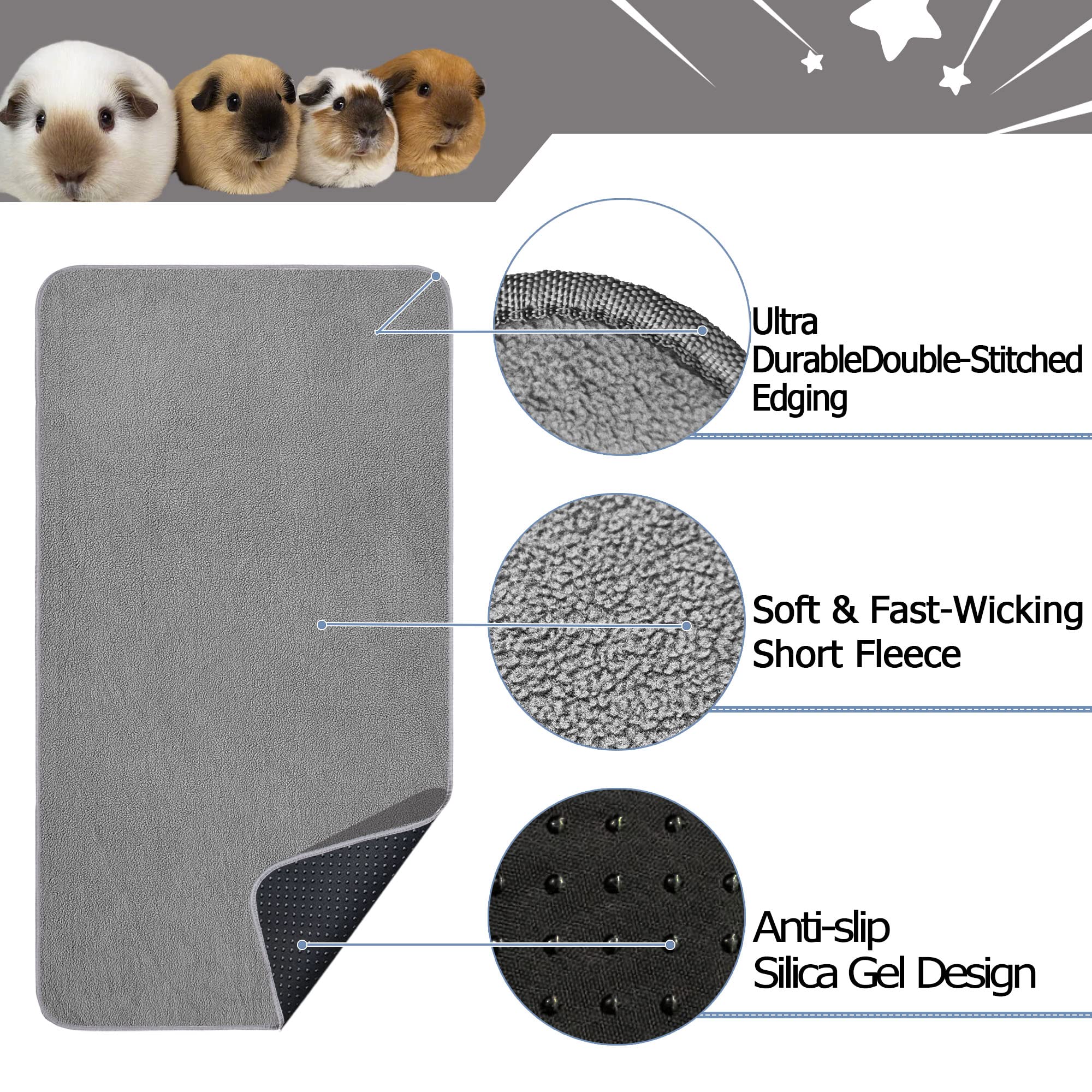 GINIDEAR Guinea Pig Cage Liner, 6 Pack - Washable, Reusable, Leakproof Fleece Bedding Pads for Small Animals with Anti-Slip Bott