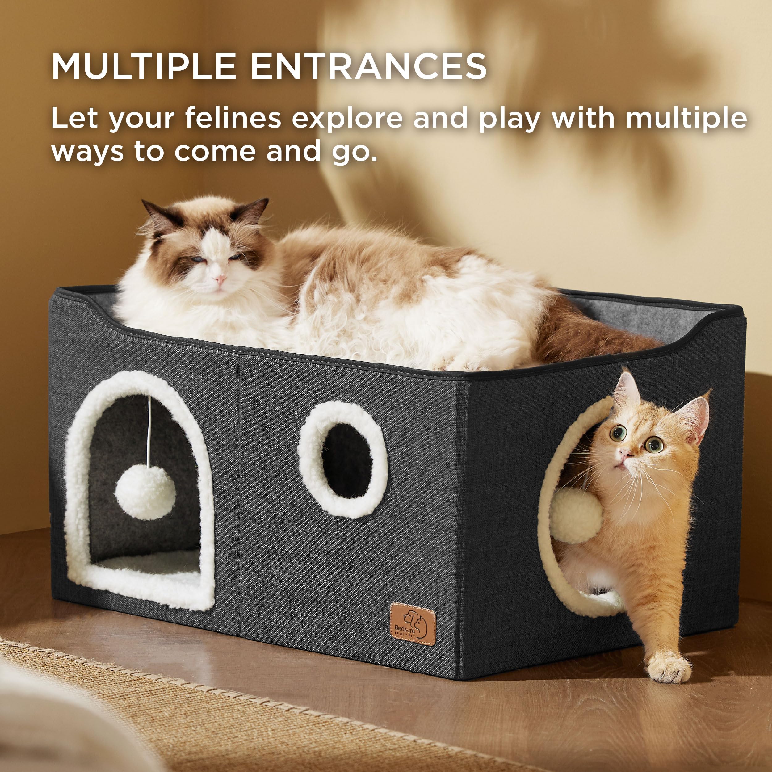 Bedsure Extra-Wide Cat House For Indoor Cats - Large Cat Cave For Pet Cat House With Fluffy Ball Hanging And Scratch Pad, Foldable Cat Hideaway For Multi Cats, 23.6X16.9X13 Inches, Dark Grey