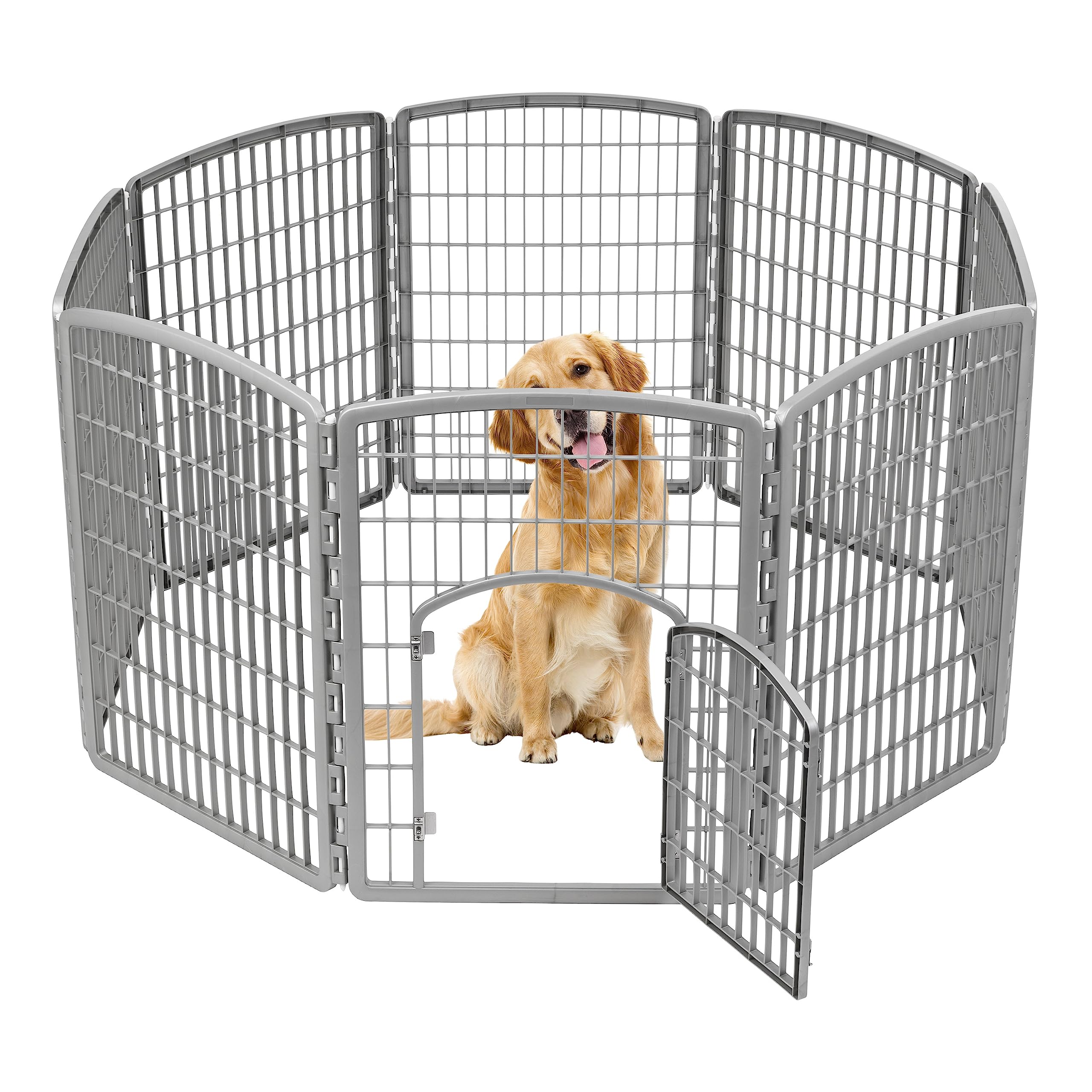 IRIS USA Dog Playpen, 8-Panel 34 Pet Playpen with Door, Puppy Playpen, Indoor/Outdoor Dog Pen, 63 x 63 x 34, Foldable, Customiza