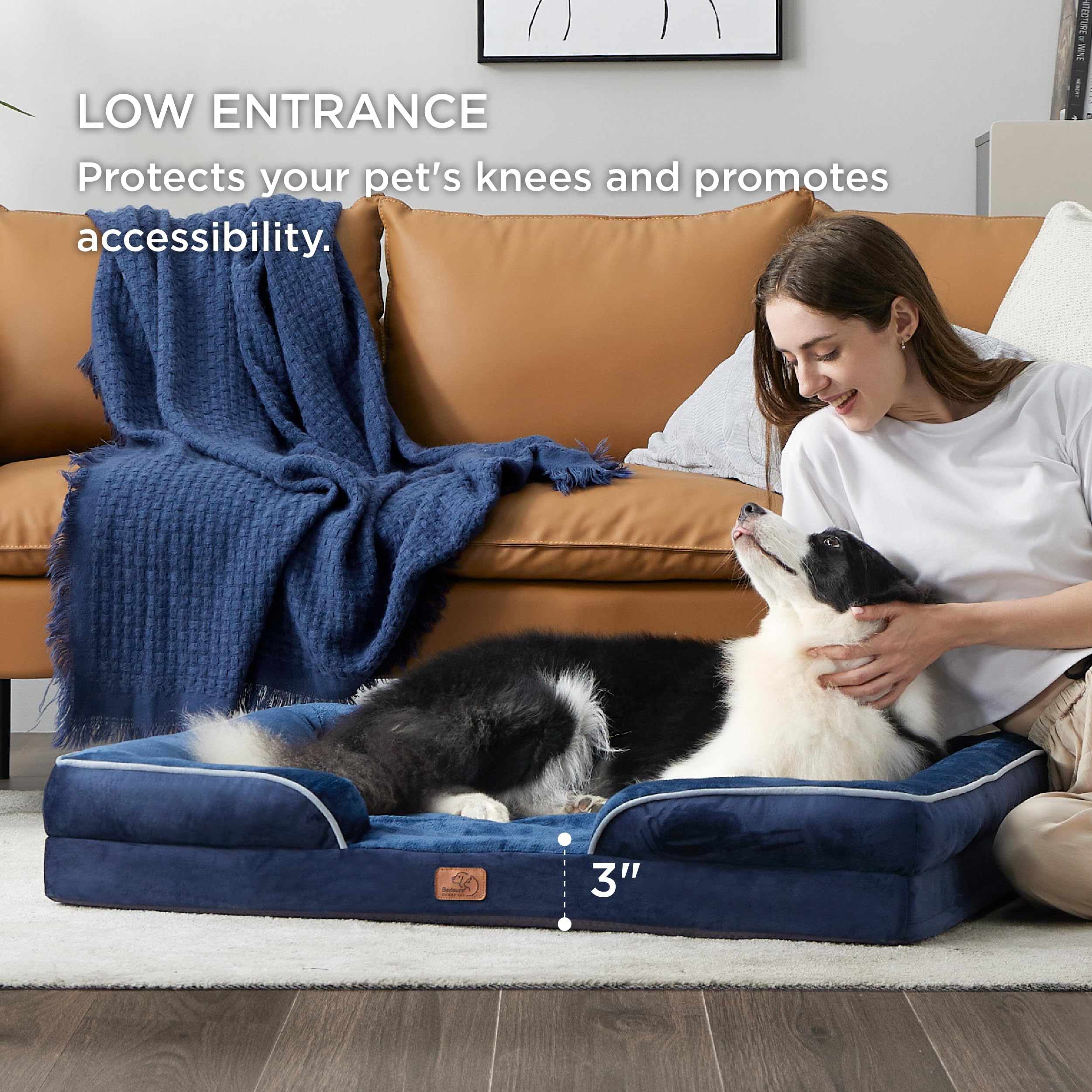 Bedsure Orthopedic Dog Bed - Large Washable Foam Pet Couch, 38"x28"x6.5", Blue Navy, Waterproof, Nonskid Bottom