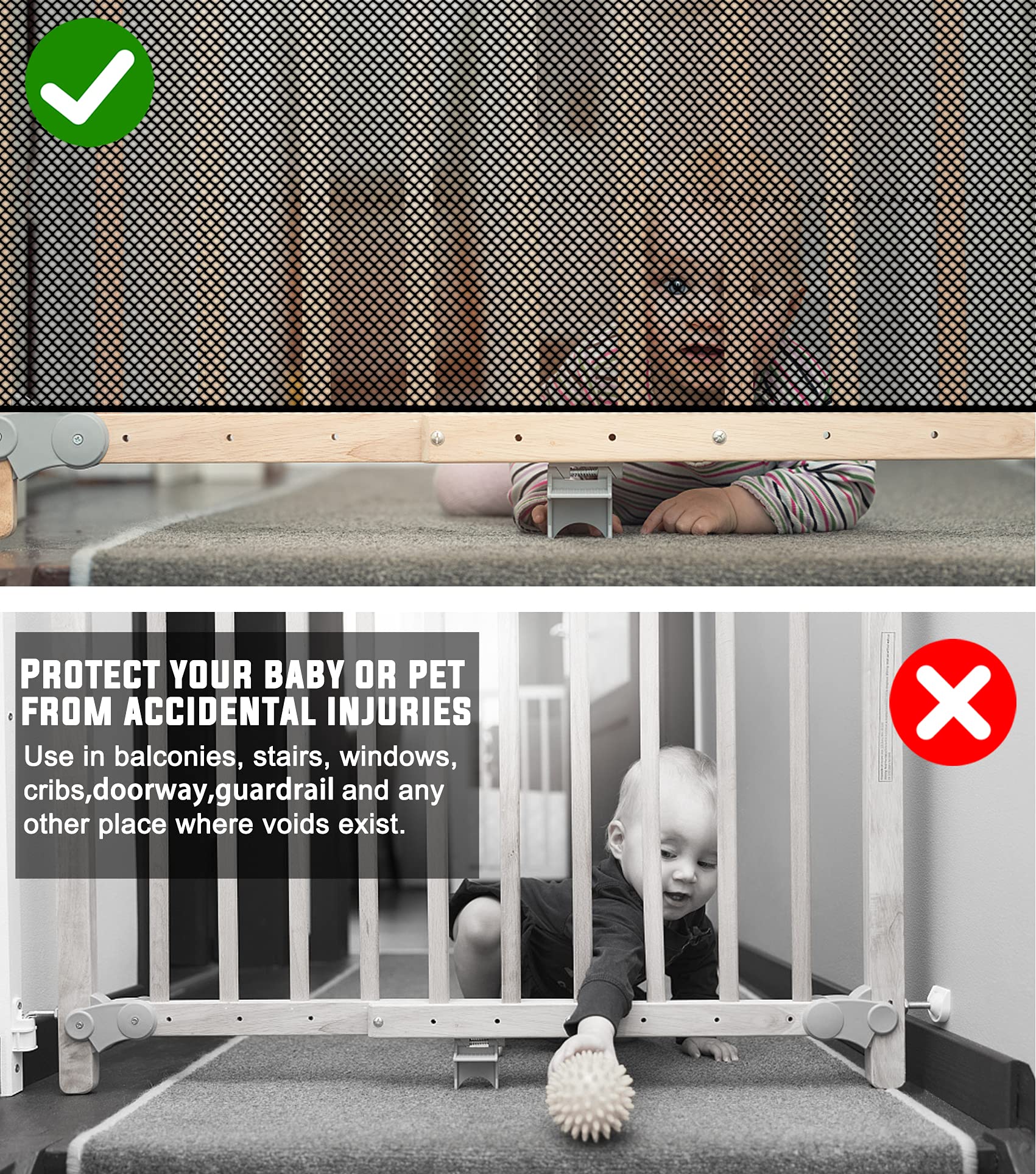 JIFTOK Baby Gate for Stairs, Banister Guard for Kids, Pets, Toys, 18 ft L x 2.66 ft H, Mesh Netting Safety Net for Balcony Rail