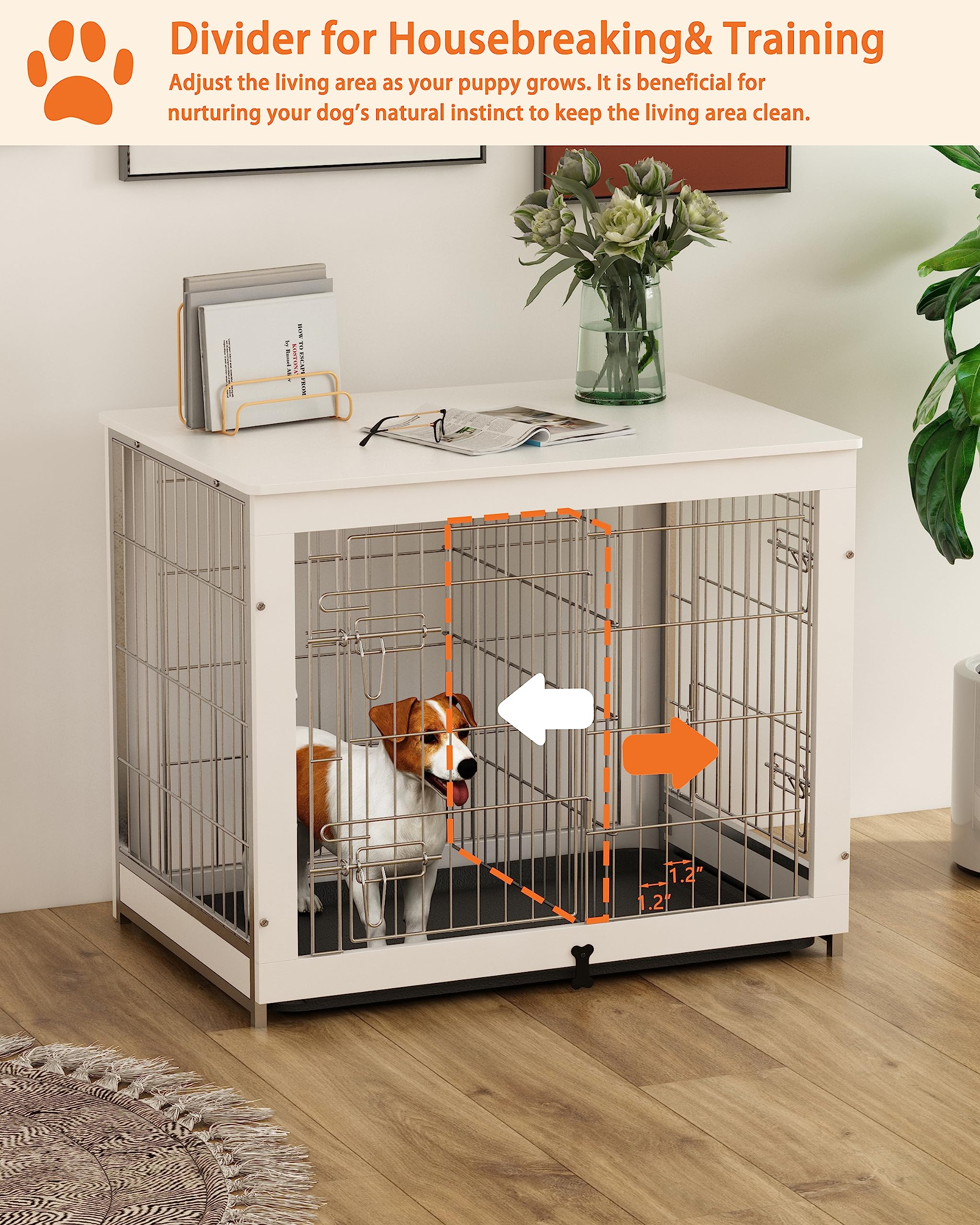 Piskyet Wooden Dog Crate Furniture with Divider Panel, Dog Crate End Table with Fixable Slide Tray, Double Doors Dog Kennel Indo