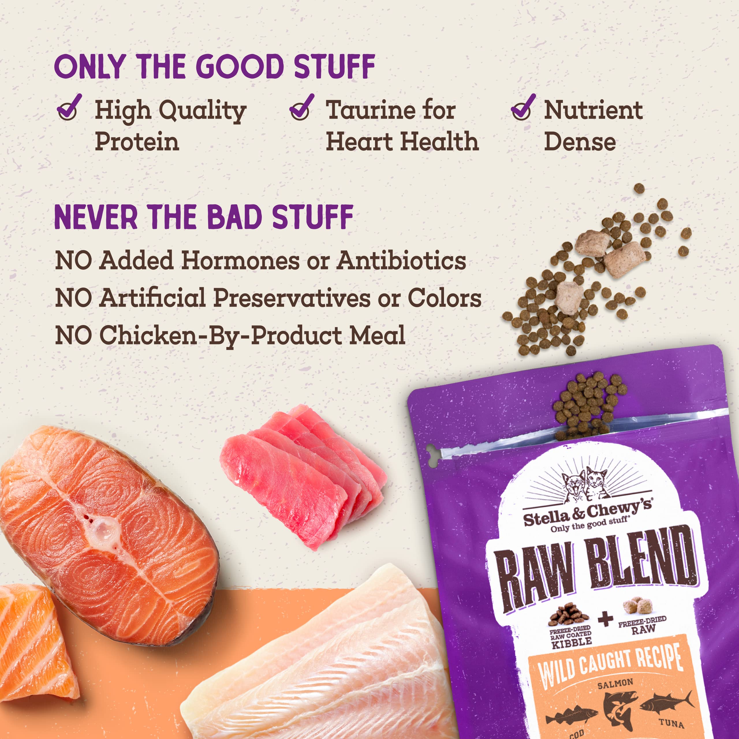 Stella & Chewys Raw Blend Premium Kibble Cat Food - Grain Free, Protein Rich Meals - Wild-Caught Fish Recipe - 5 lb. Bag