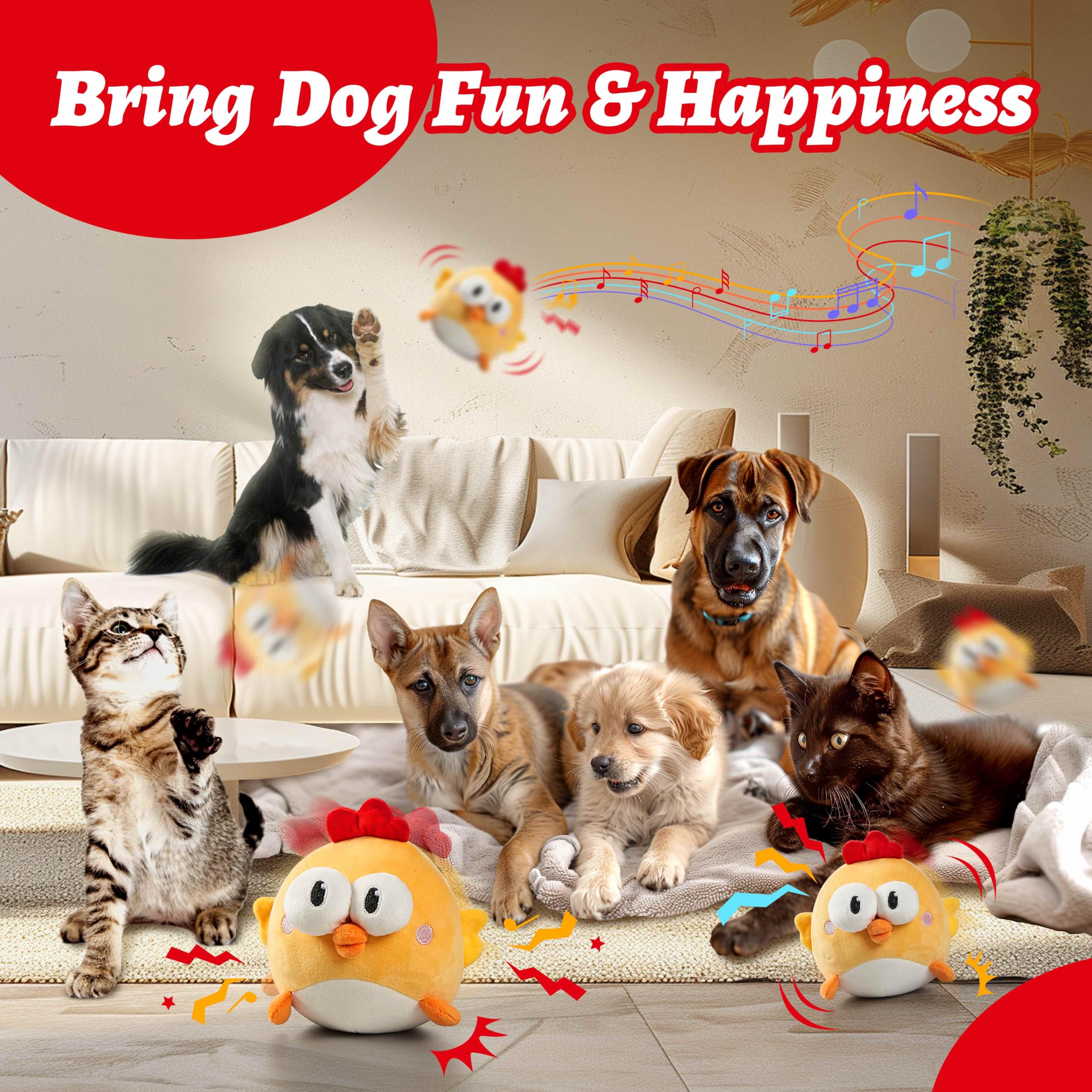 Gukco Interactive Dog Toys, Squeaky Moving Ball Toy With Jumping & Music Modes, Rechargeable Plush Chew Toys For Small/Medium/La