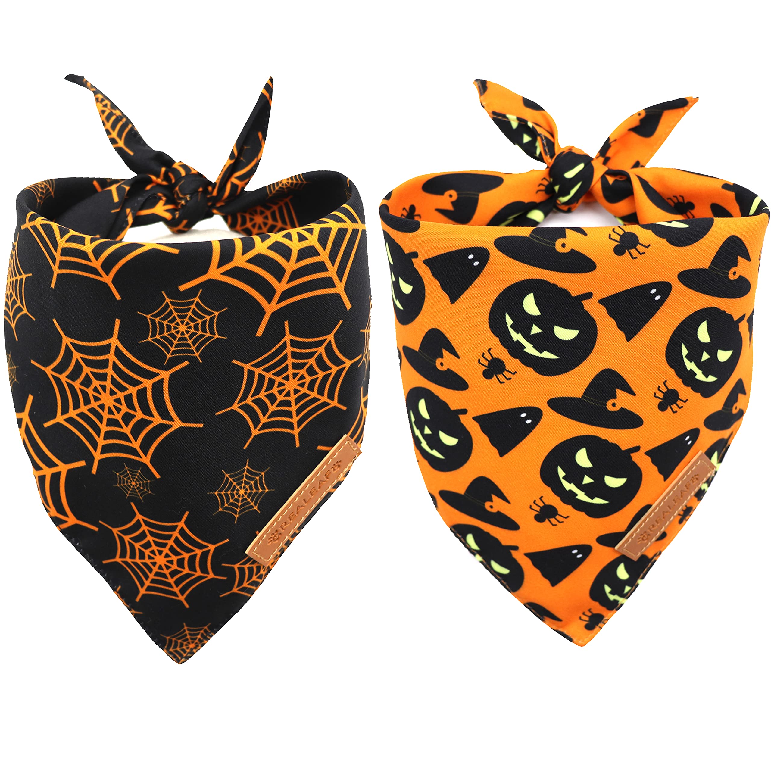 Realeaf Halloween Dog Bandanas 2 Pack, Pumpkin And Spider Web Bibs, Triangle Reversible Fall Pet Scarf, Multiple Sizes Offered, Premium Durable Fabric, Adjustable Fit