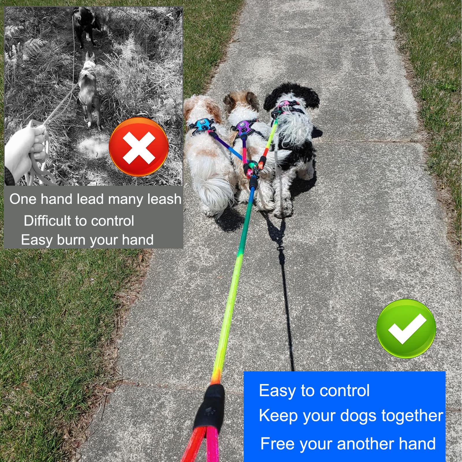 Sonqueen Heavy Duty 3 Dog Leash No Tangle Detachable 360° Swivel Device Multiple Dog Leash With Padded Handle For Two/Three Pets