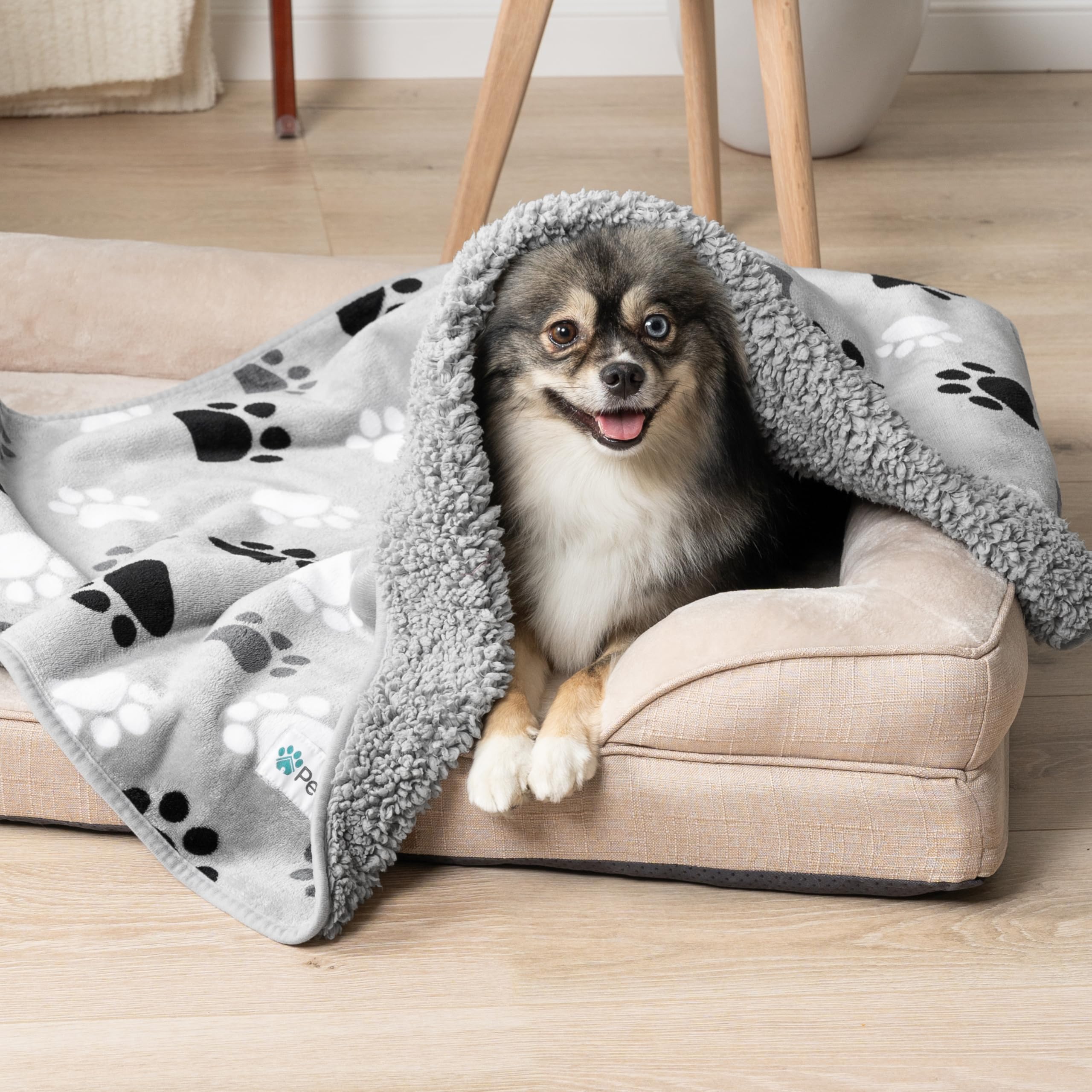 PetAmi Waterproof Dog Blanket, Small 24x32, Paw Gray Sherpa Fleece, Reversible Soft Plush Microfiber Furniture Protector