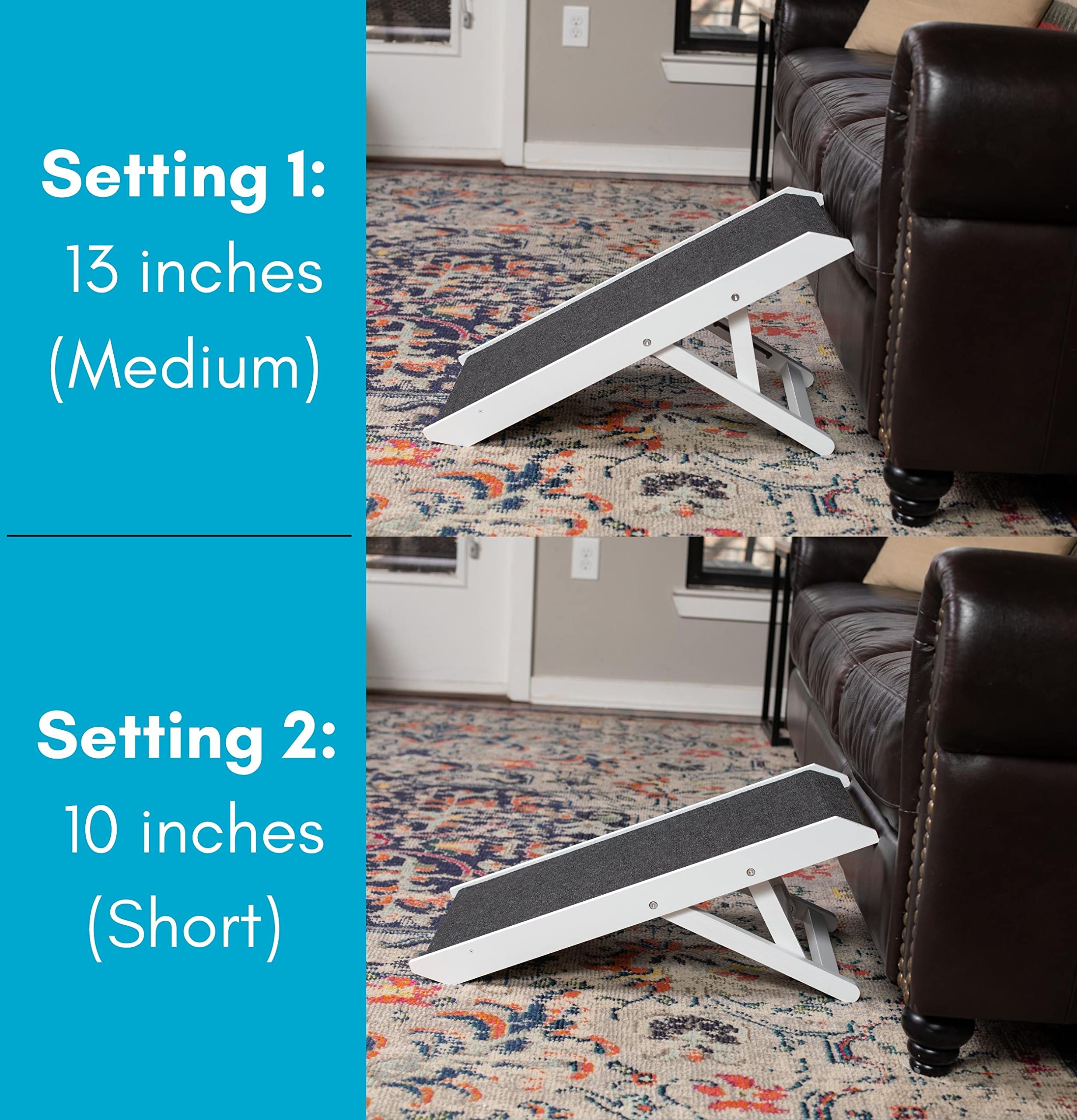 BIRDROCK HOME Adjustable Dog Ramp for Low Beds - White Wooden Folding Ramp for Small Dogs - 13" Paw Friendly Grip