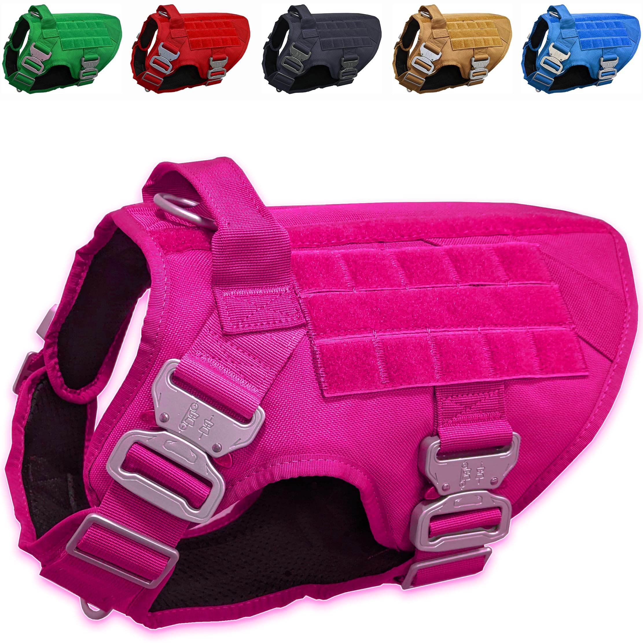 Pink Tactical Dog Harness With 4 Metal Buckles; Waterproof, Military Grade Dogs Vest; No-Pulls But Does Not Choke Neck; Heavy-Du