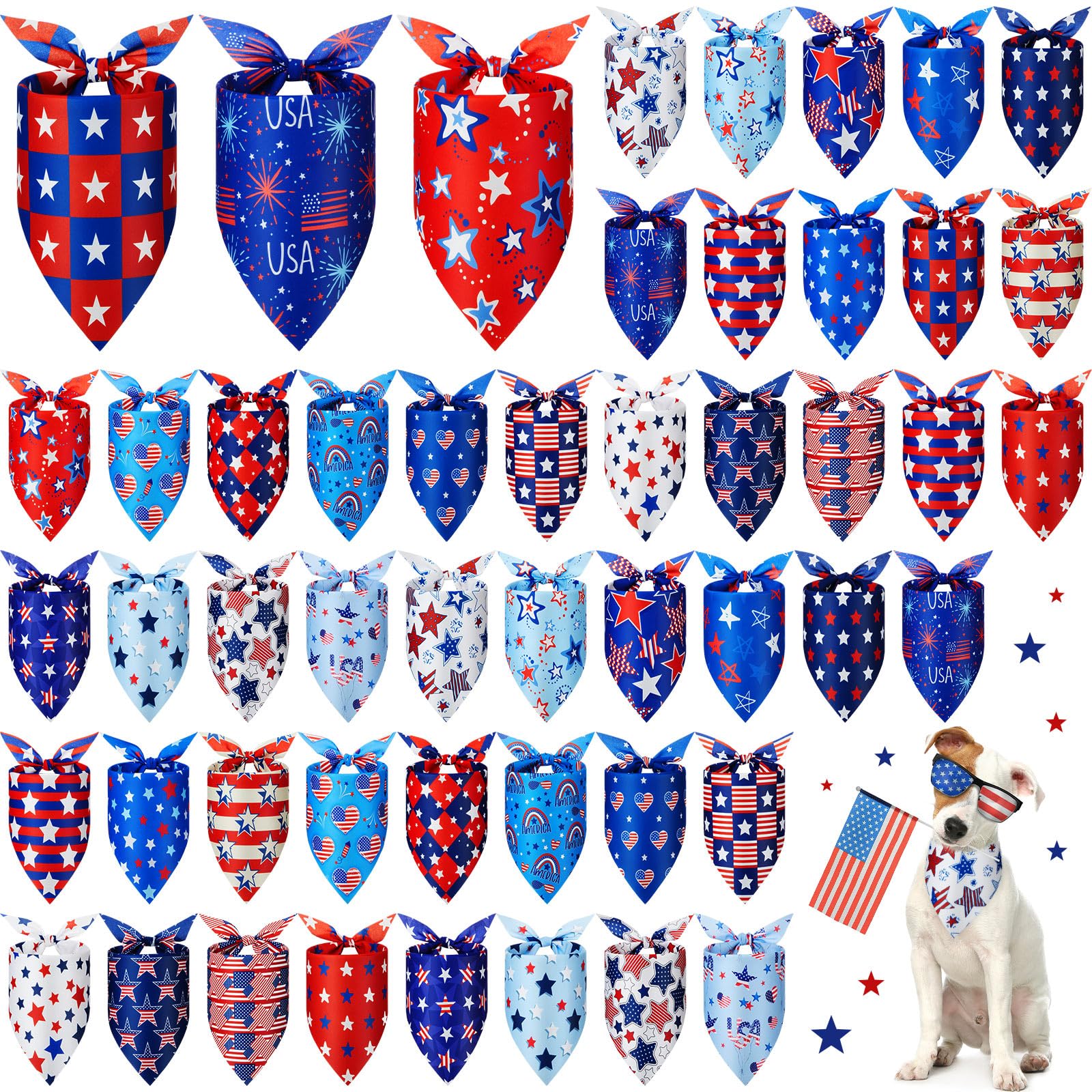 Preboun 50 Pieces Patriotic Dog Bandanas Bulk 4Th Of July Bandanas For Dogs Pet Triangle Kerchief Scarf Set For Puppy Small Medi