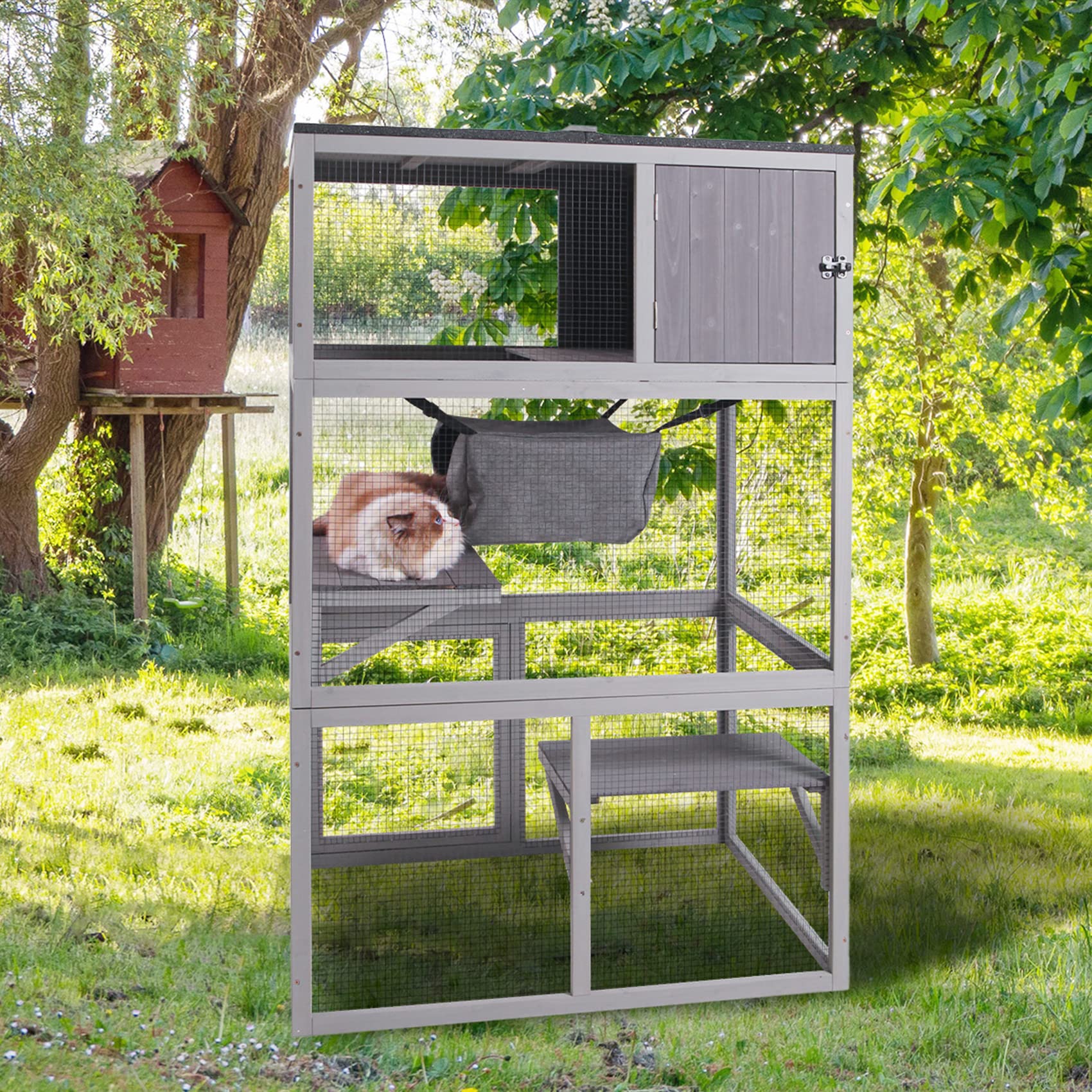 X-ZONE PET Catio Wooden Outdoor Cat Enclosure, 3 Floors, Asphalt Roof, Model DXCH001-FBM, Wood Color