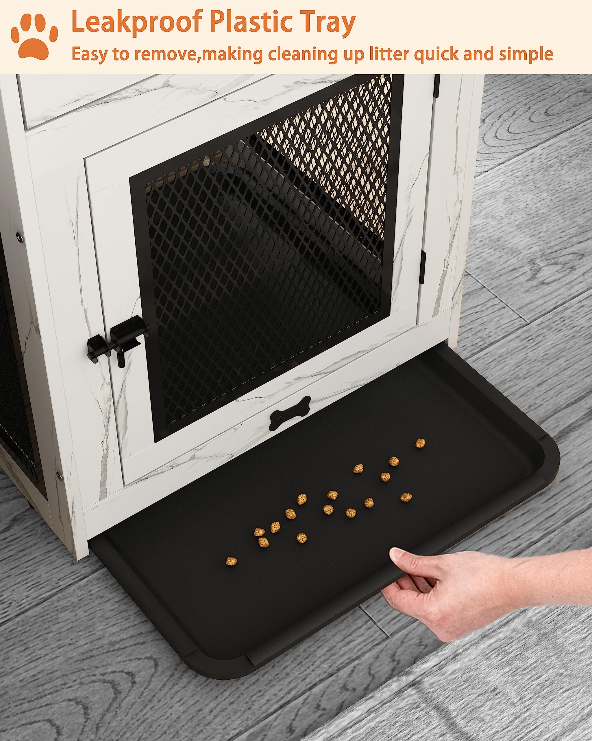 Piskyet Wooden Dog Crate End Table with Storage Drawer, QC3.0 Charging, for Medium Dogs, Marble White, 28.5"L x 21.5"W x 30.