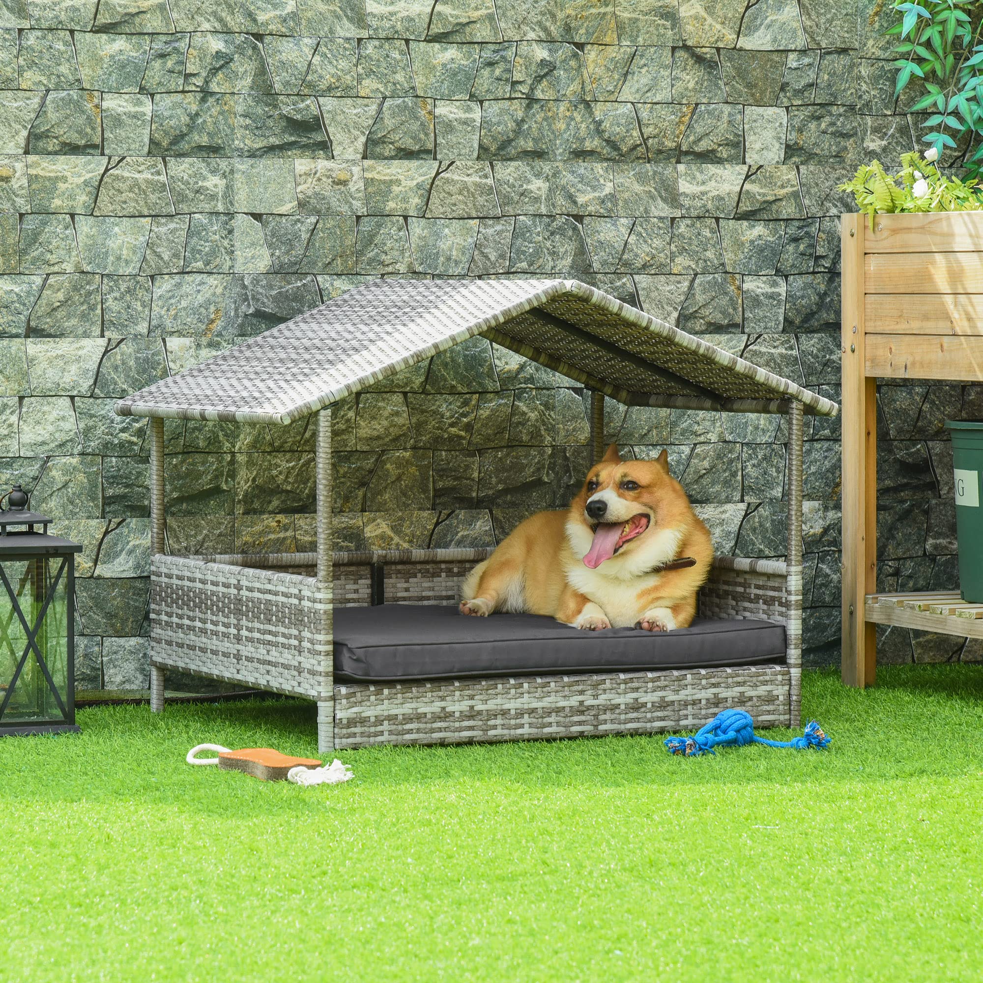 PawHut Wicker Dog House Elevated Raised Rattan Bed for Indoor/Outdoor with Removable Cushion Lounge, Charcoal Grey