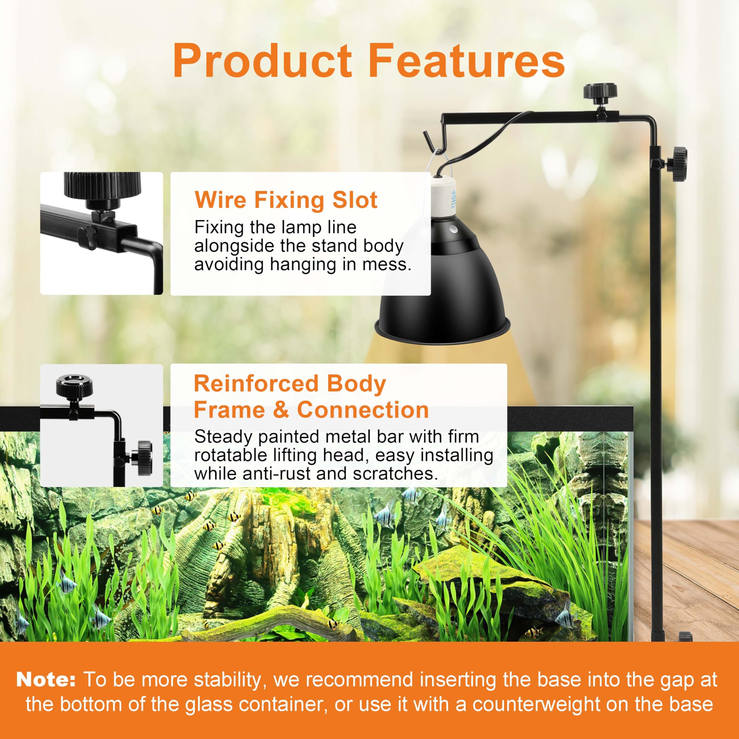 Simple Deluxe Reptile Lamp Stand Metal Light Holder Adjustable Height 14-26 Inch, For Amphibian Terrarium Heating-Light And Aqua